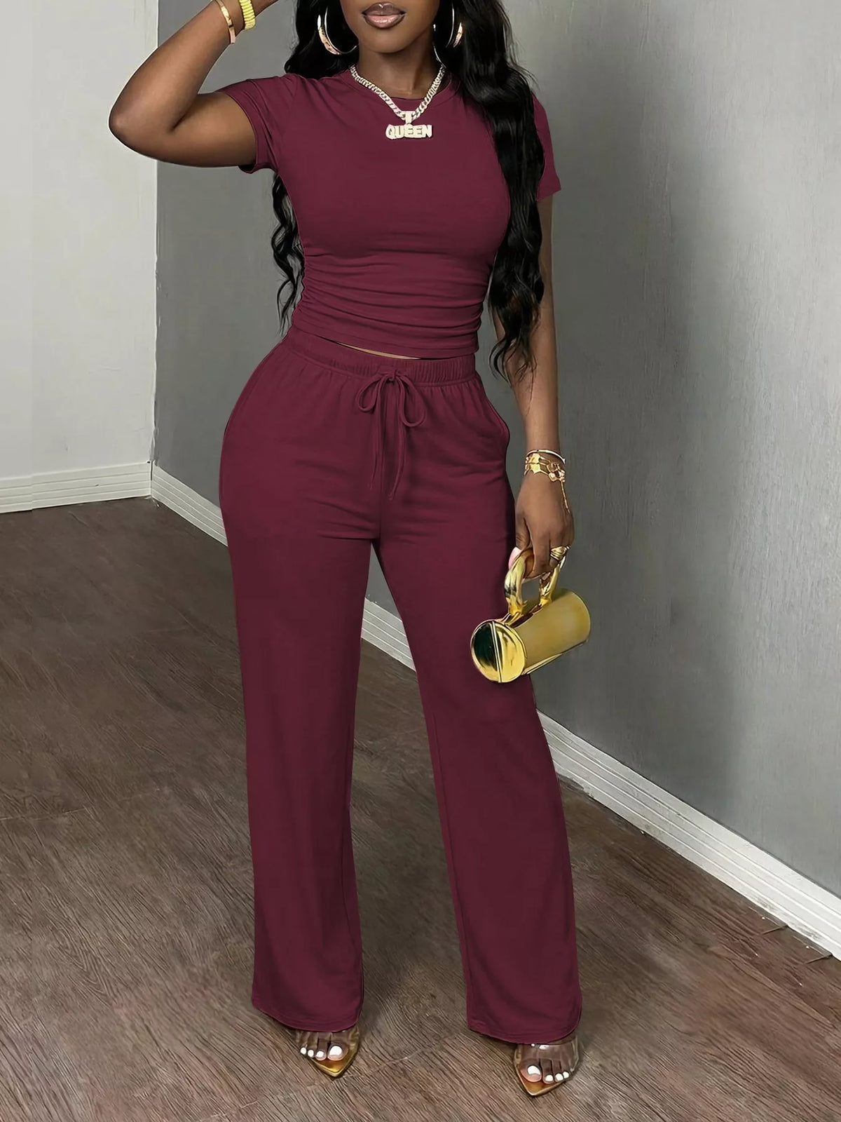 Burgundy Short Sleeve Top and Wide-Leg Pants Set, front view