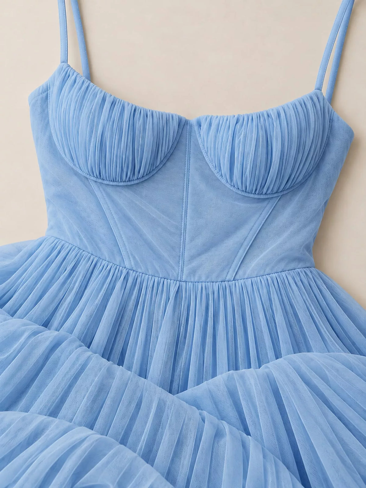 Light blue pleated sweetheart neck midi dress — design and construction details