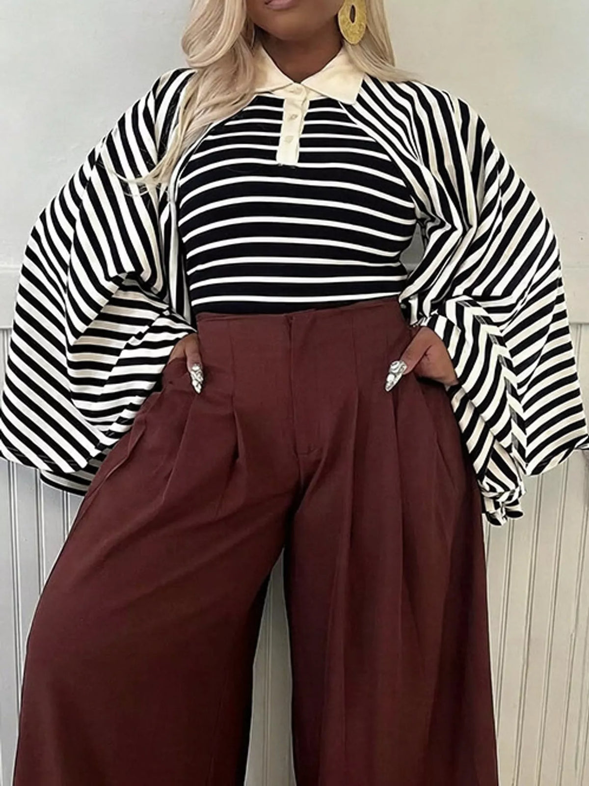 Collared long sleeve top, front view on model