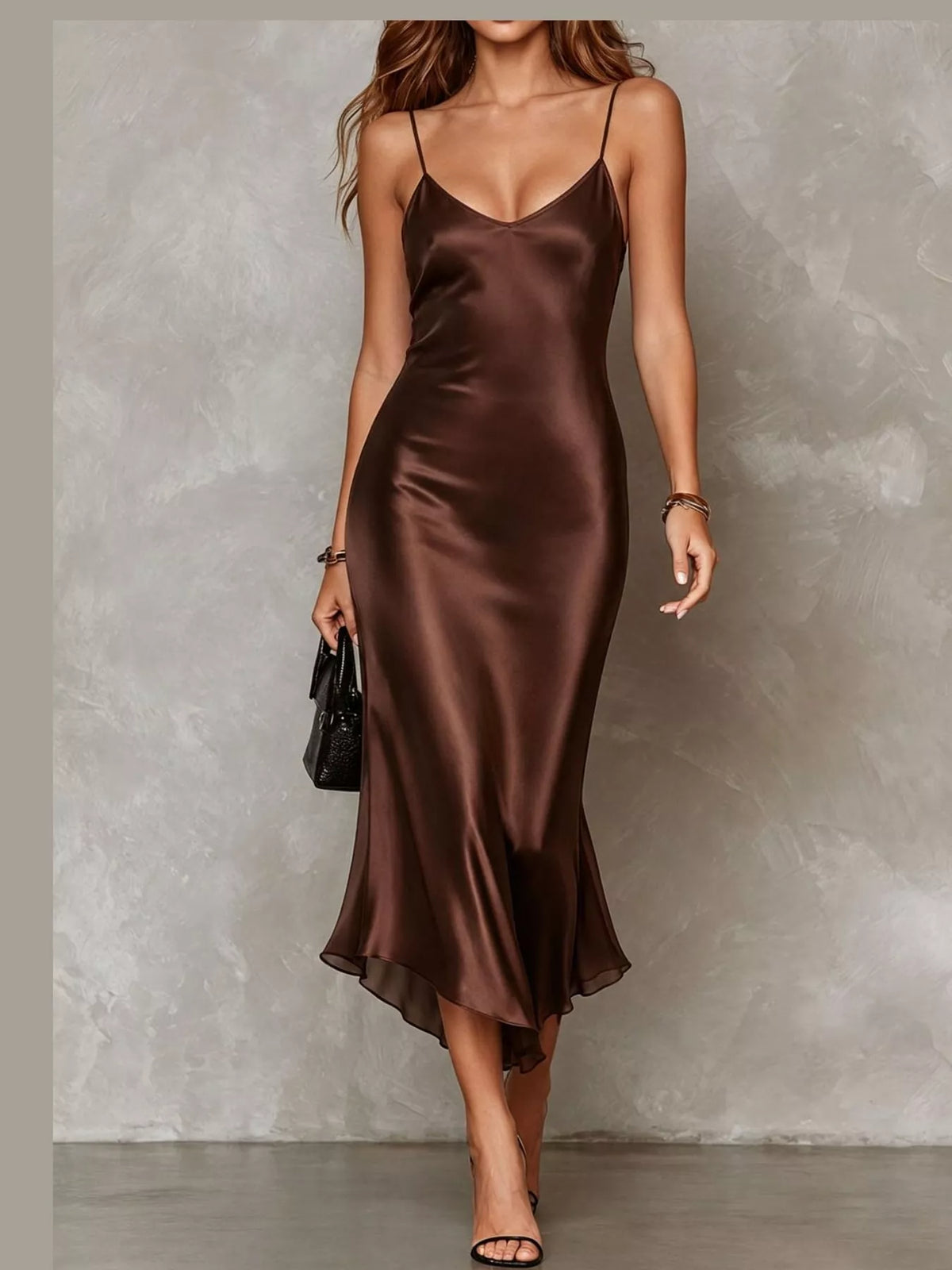 Brown satin cami dress and sheer cover up set — front view