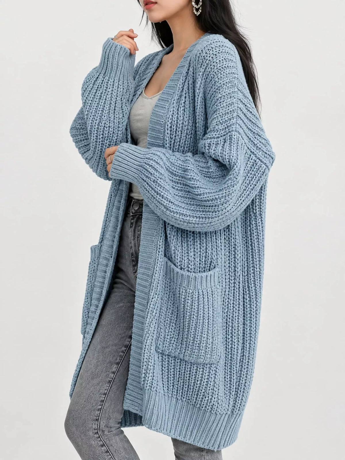 Longline knit cardigan, light blue side