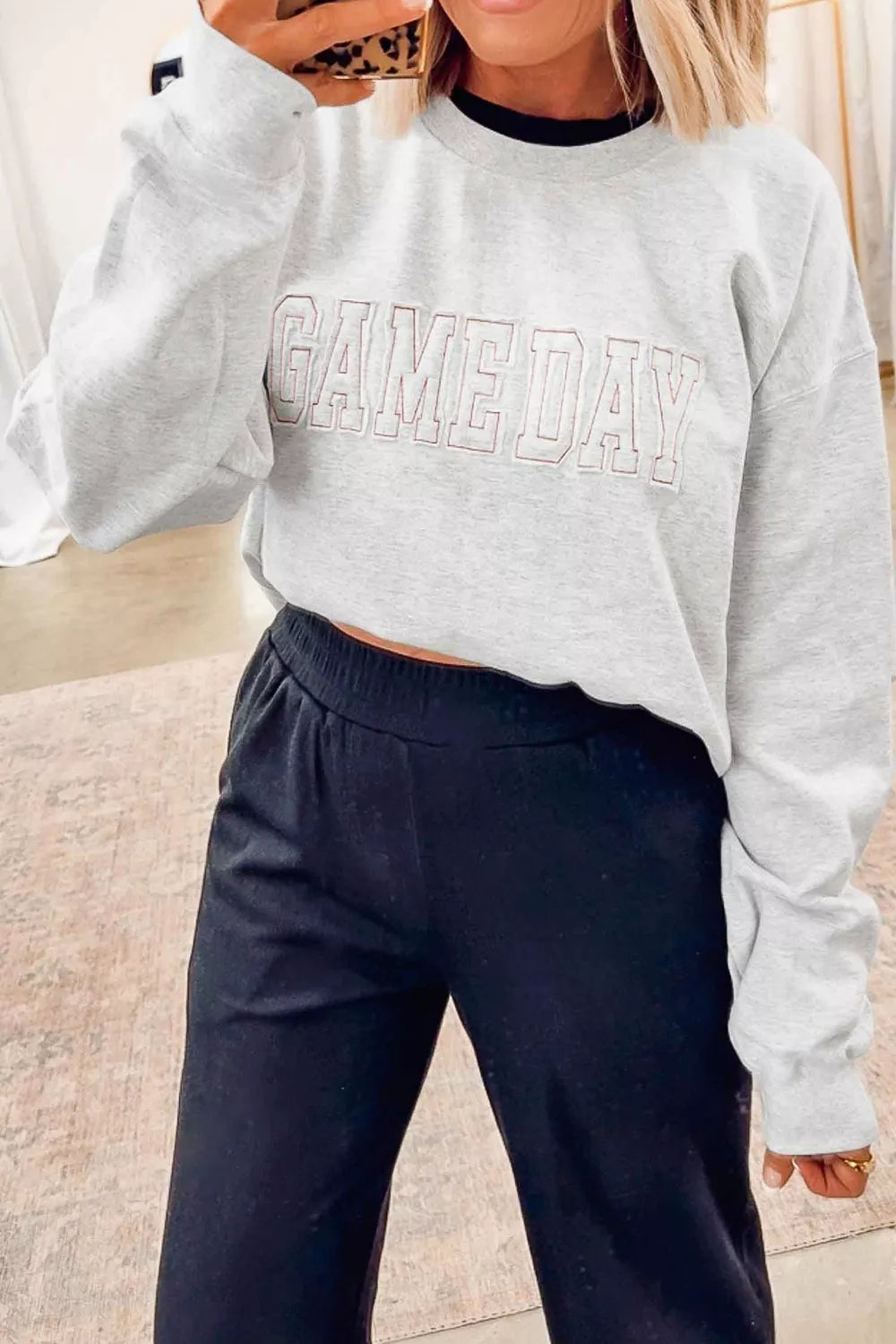Trendsi Game Day Letter Embroidery Long Sleeve Round Neck Sweatshirt -