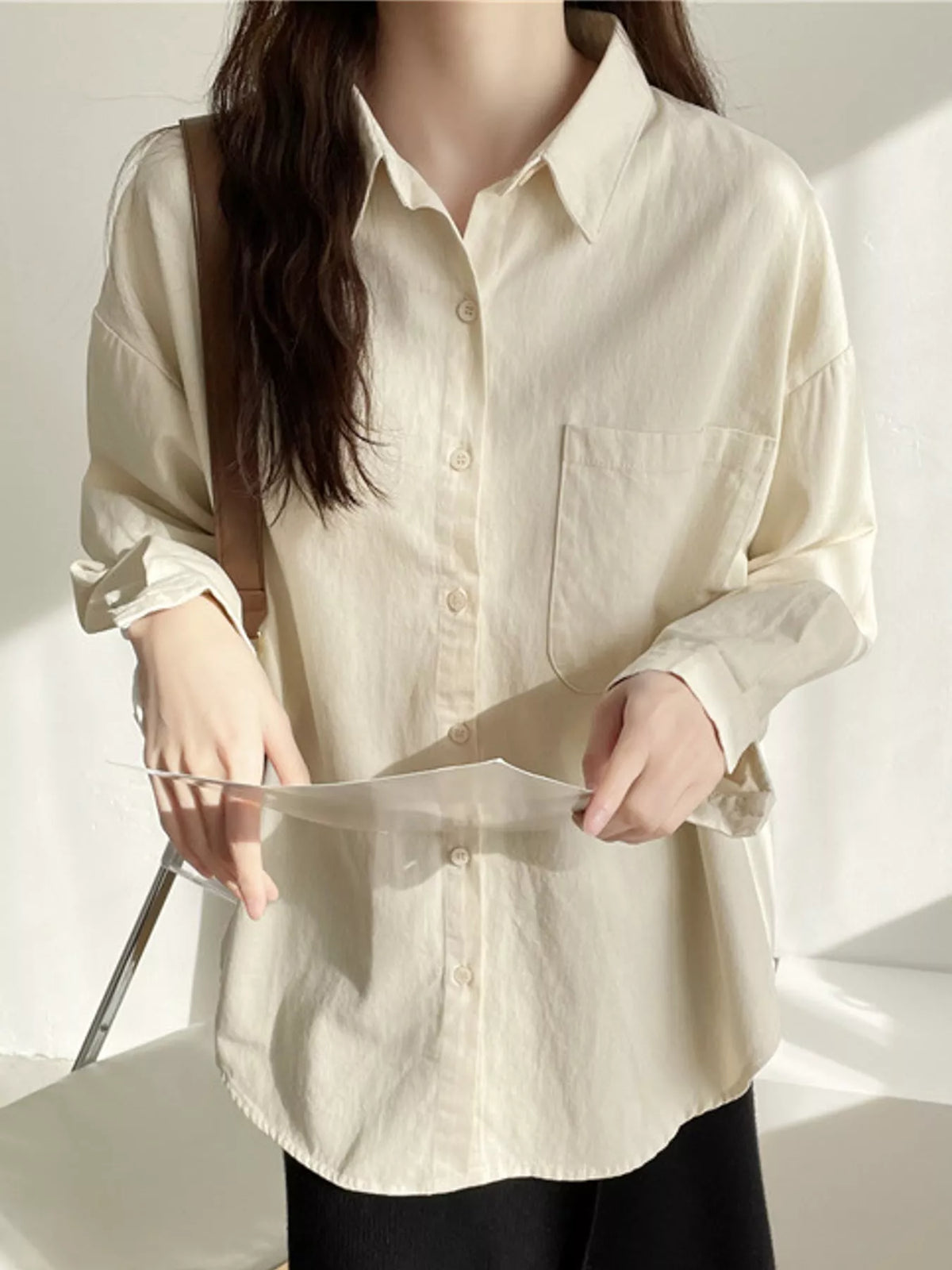 Apricot Beige oversized button-down long sleeve shirt
