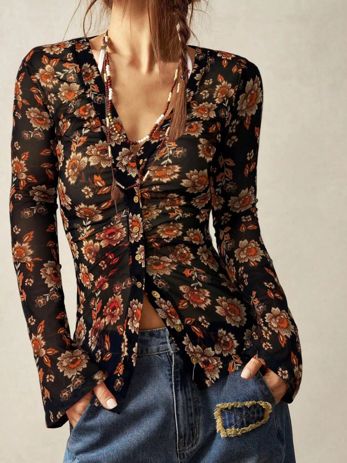 Women's Printed Flare Sleeve Button Down Top in Black, front view