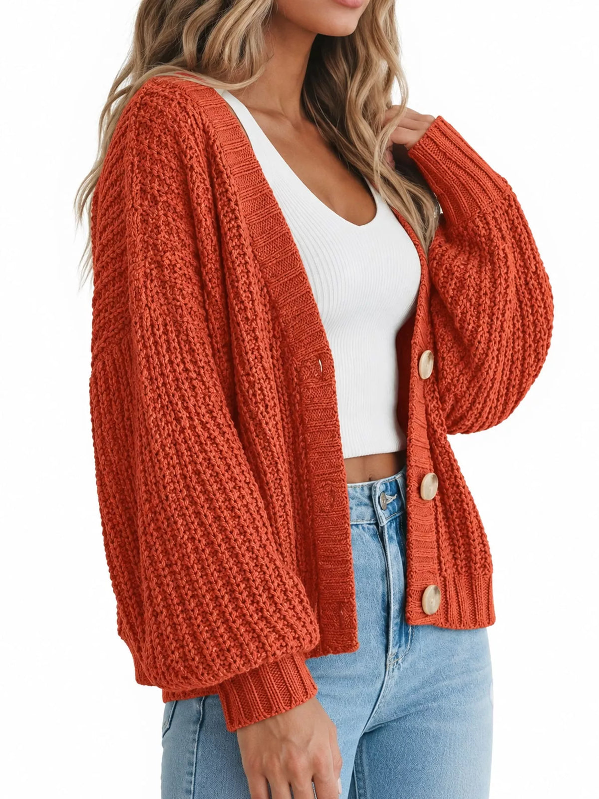 Button cardigan, rust side