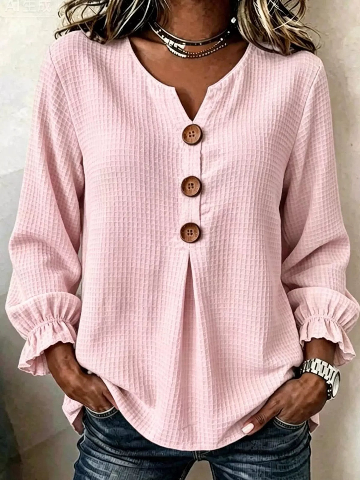 Pink waffle knit blouse, front view