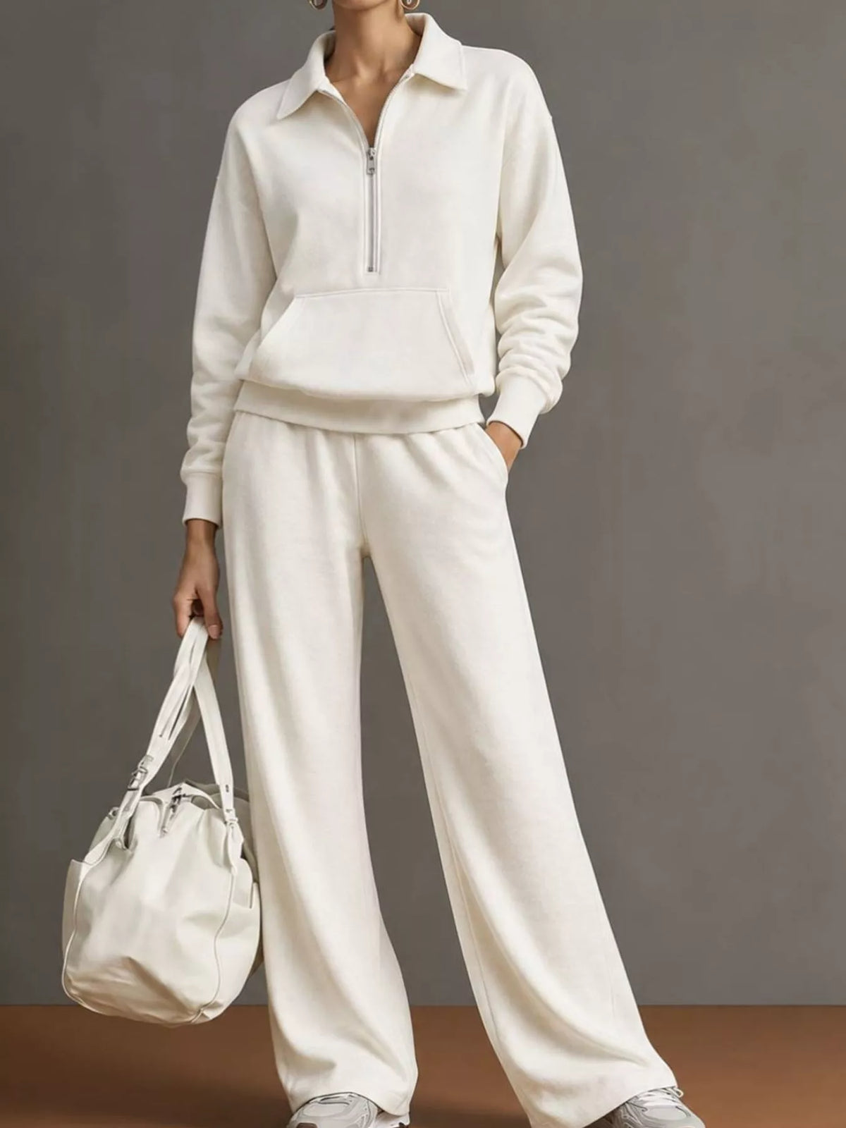 Collared long sleeve outfit set, front view on model