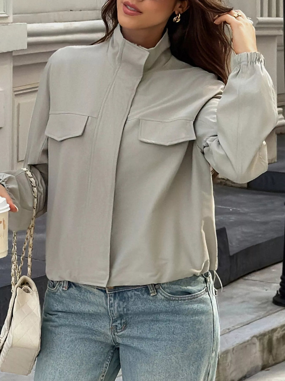 Stand Collar Zip Up Jacket in gray, front view