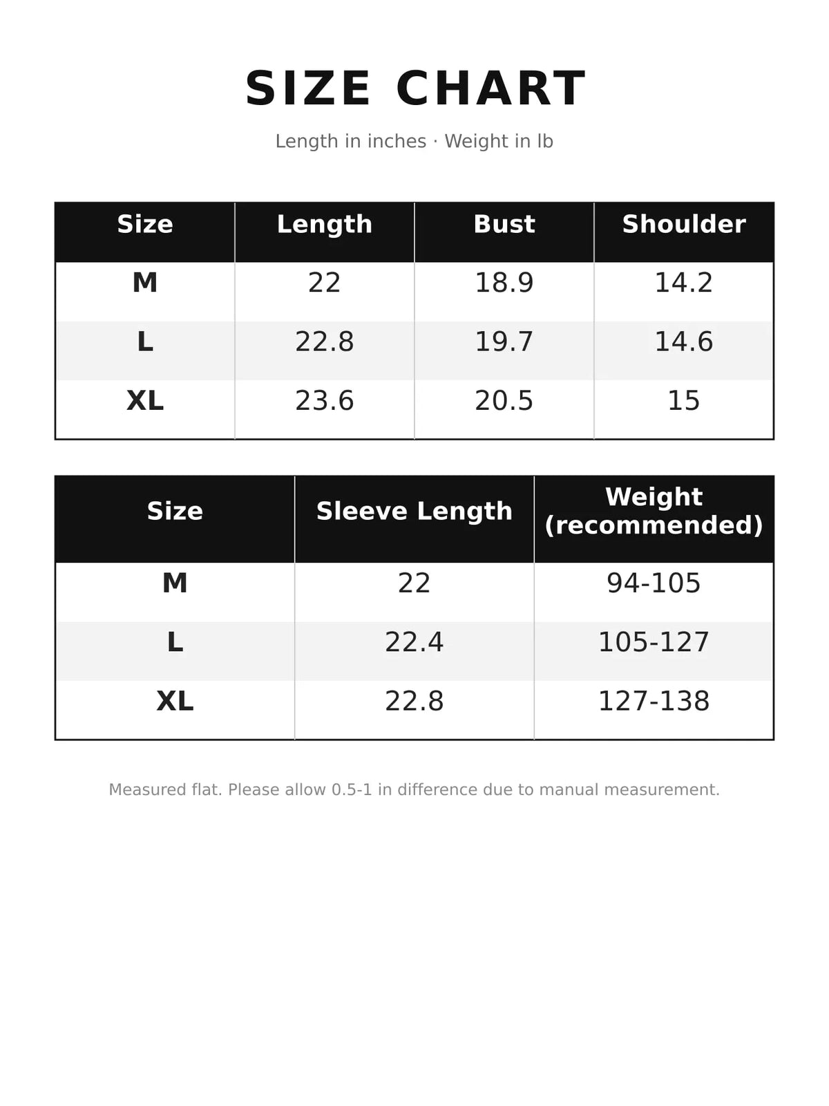 Round neck long sleeve cardigan, size and measurement chart