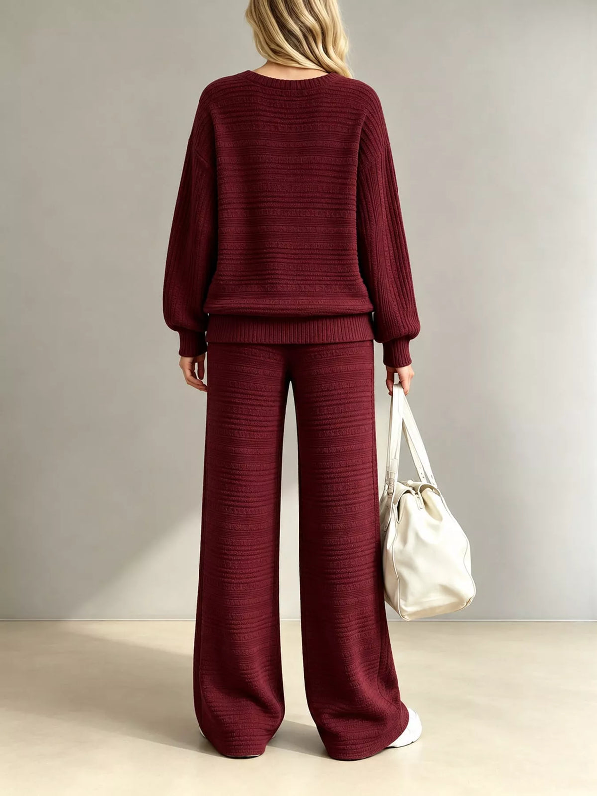 Ribbed Knit Top and Wide-Leg Pants Set — back view
