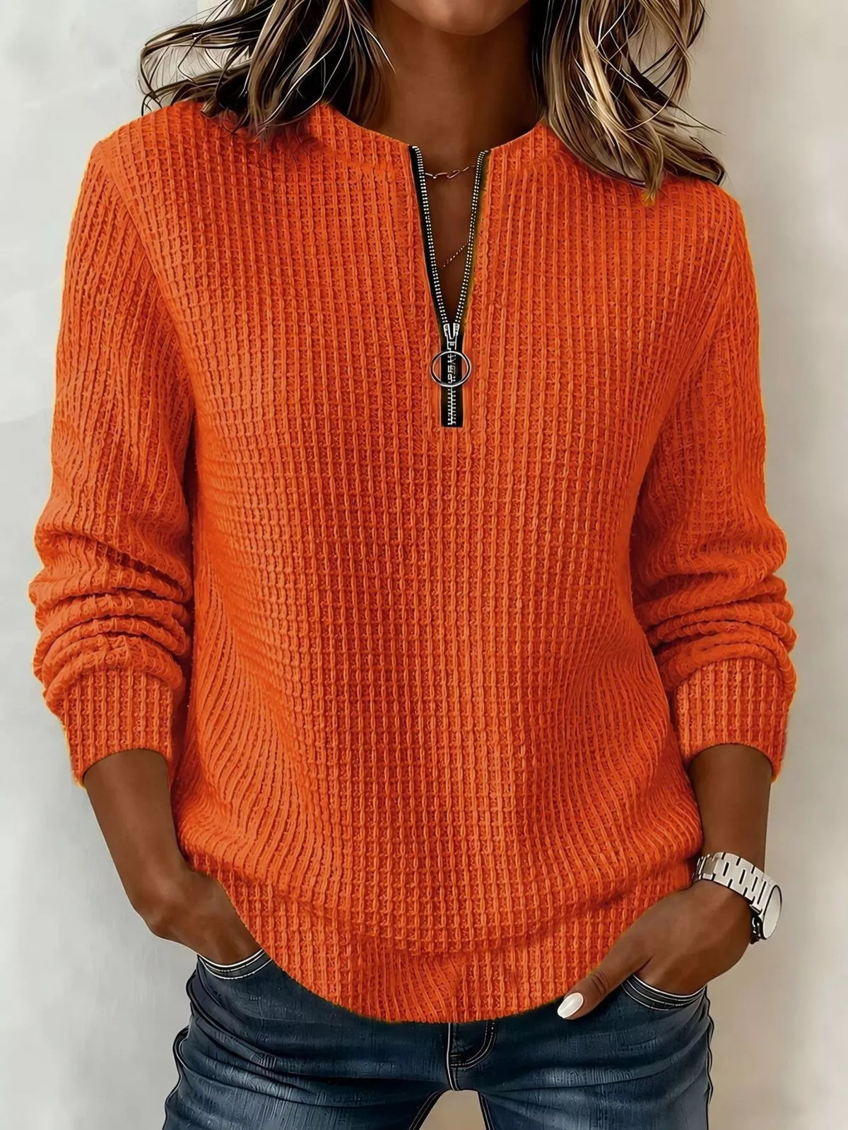 Orange quarter-zip textured sweatshirt