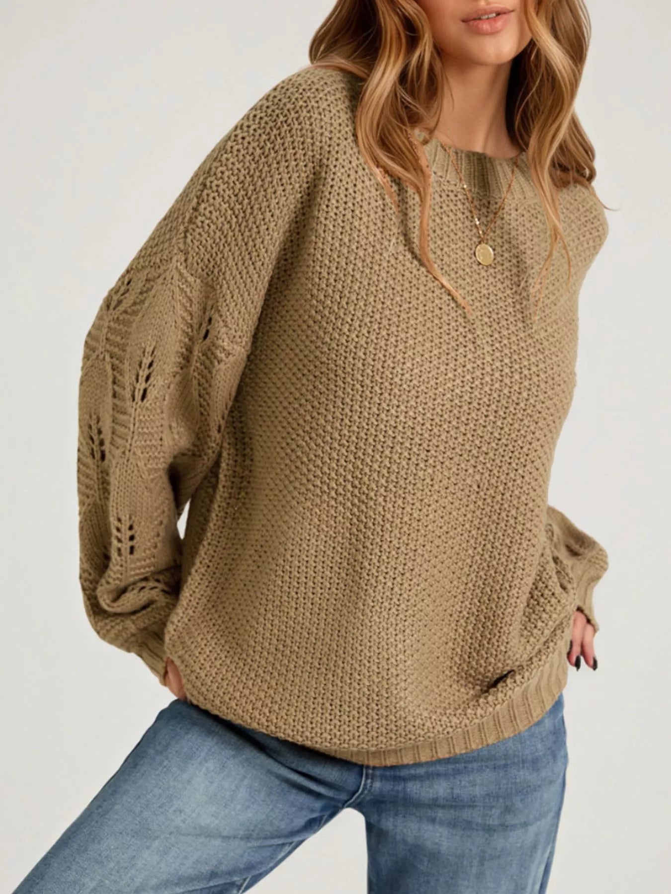 Trendsi Textured Knit Openwork Dropped Shoulder Sweater -