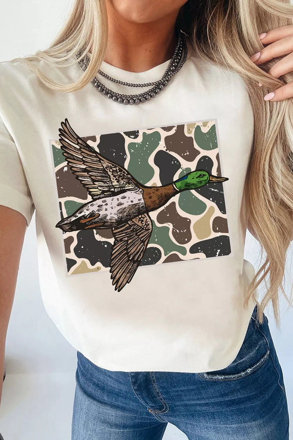 Women's white camo mallard duck graphic short sleeve T-shirt