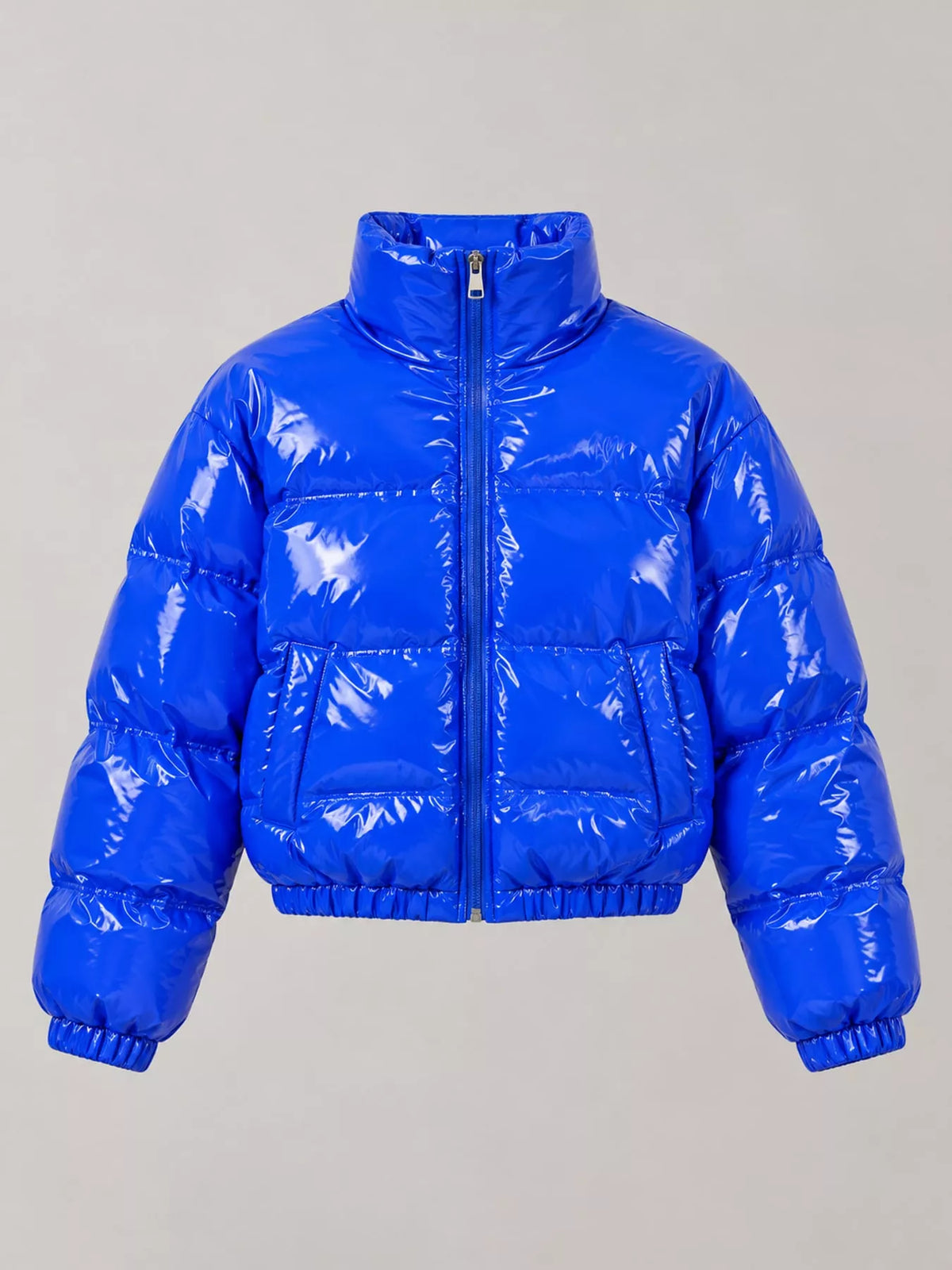 Glossy Stand-Collar Zip-Up Puffer Jacket — garment front