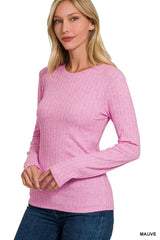 Trendsi Zenana Ribbed Long Sleeve Round Neck T-Shirt -