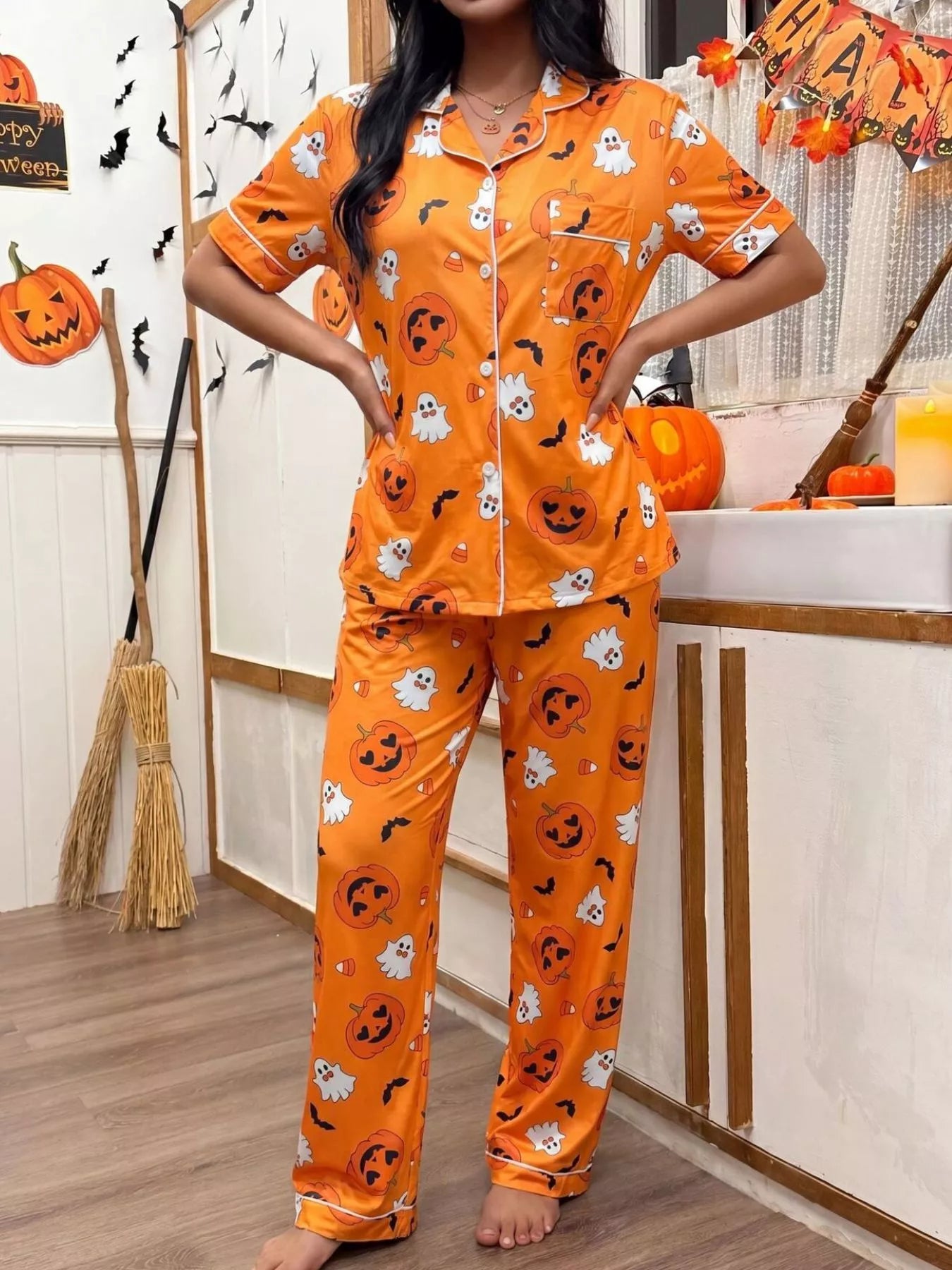 Trendsi Halloween Pumpkin Print Button-Down Top and Pants Set -