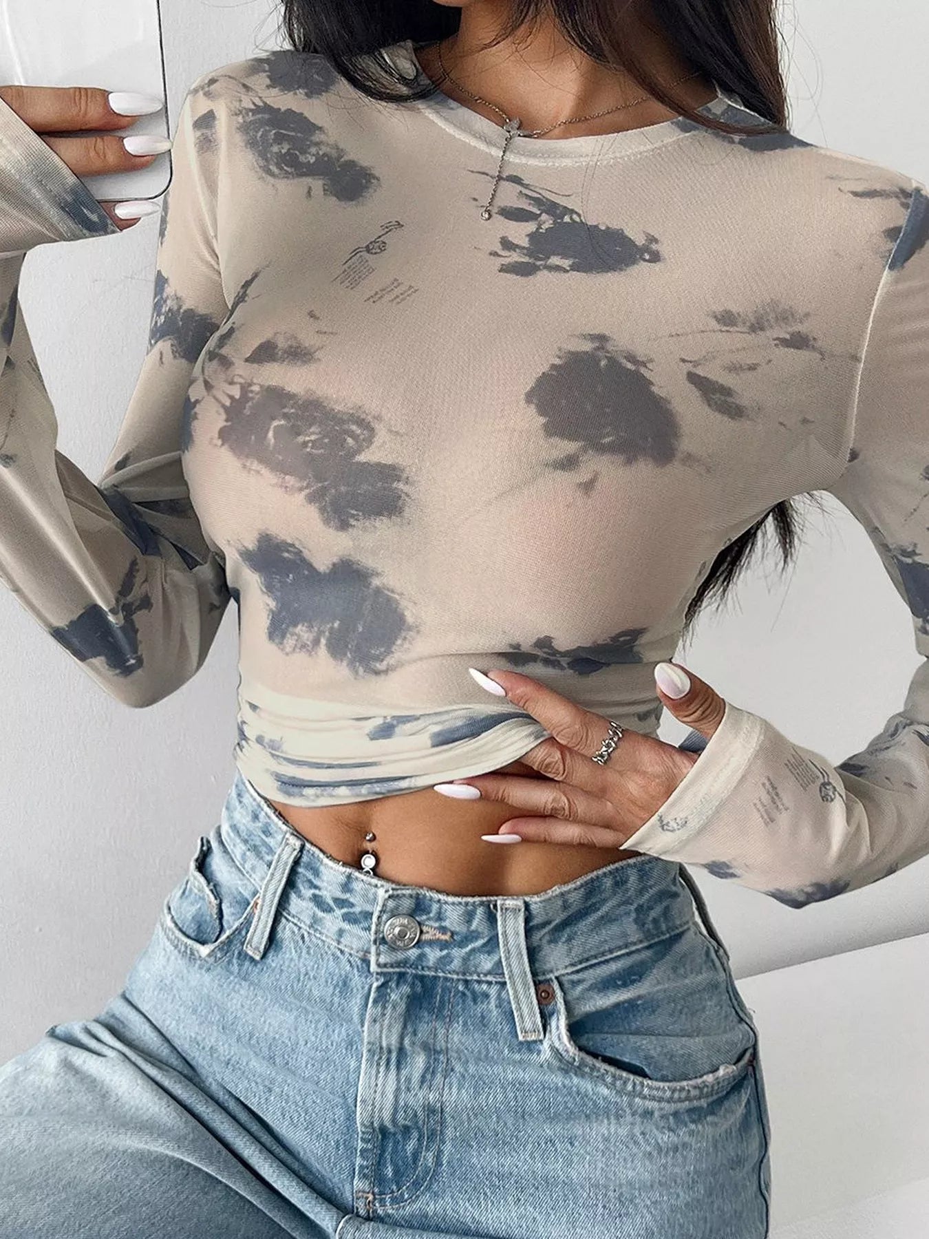 Trendsi Sheer Cloud Print Long Sleeve T-Shirt -