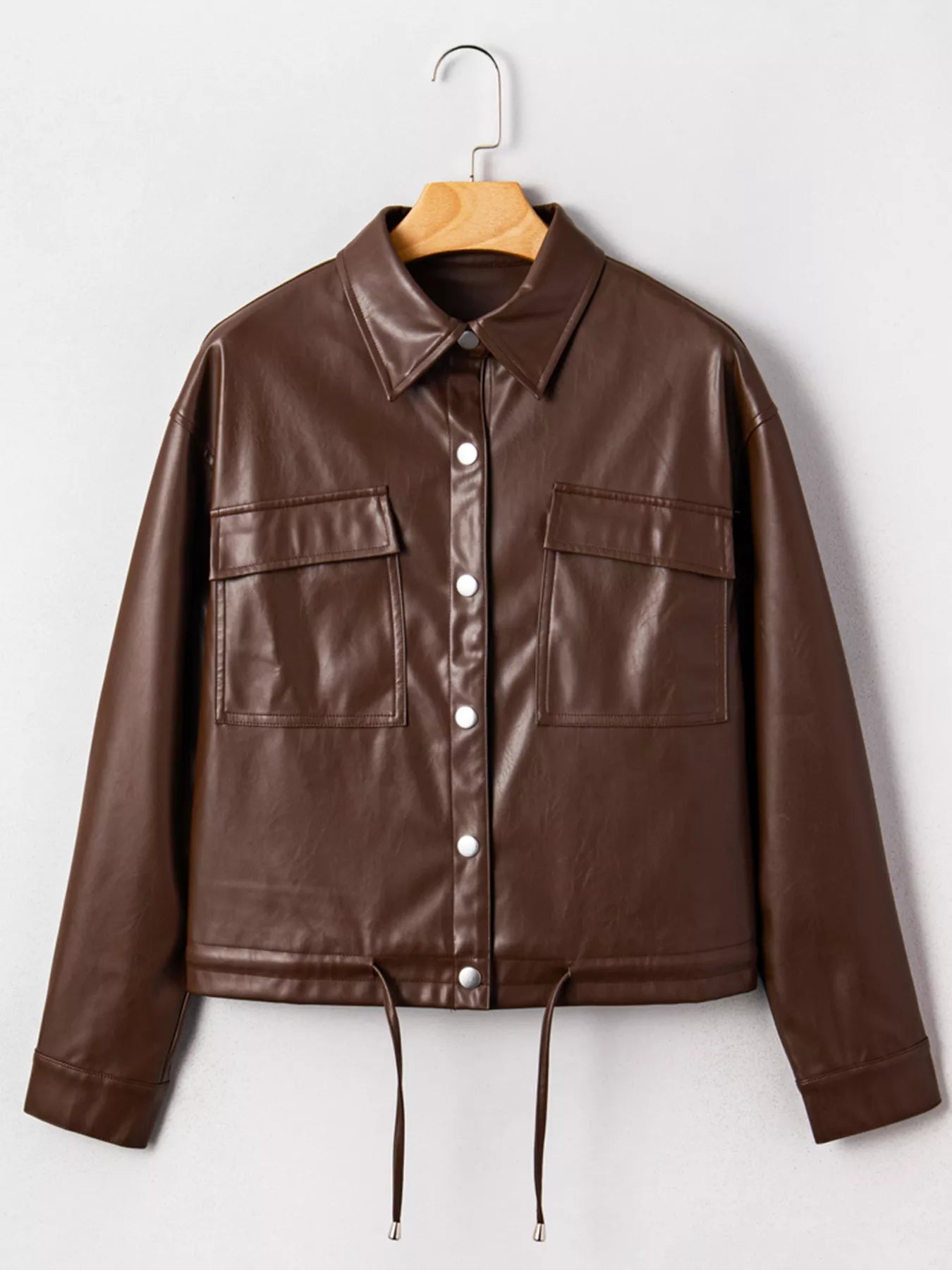 Trendsi Double Flap Pocket Drawstring Hem Leather Jacket -