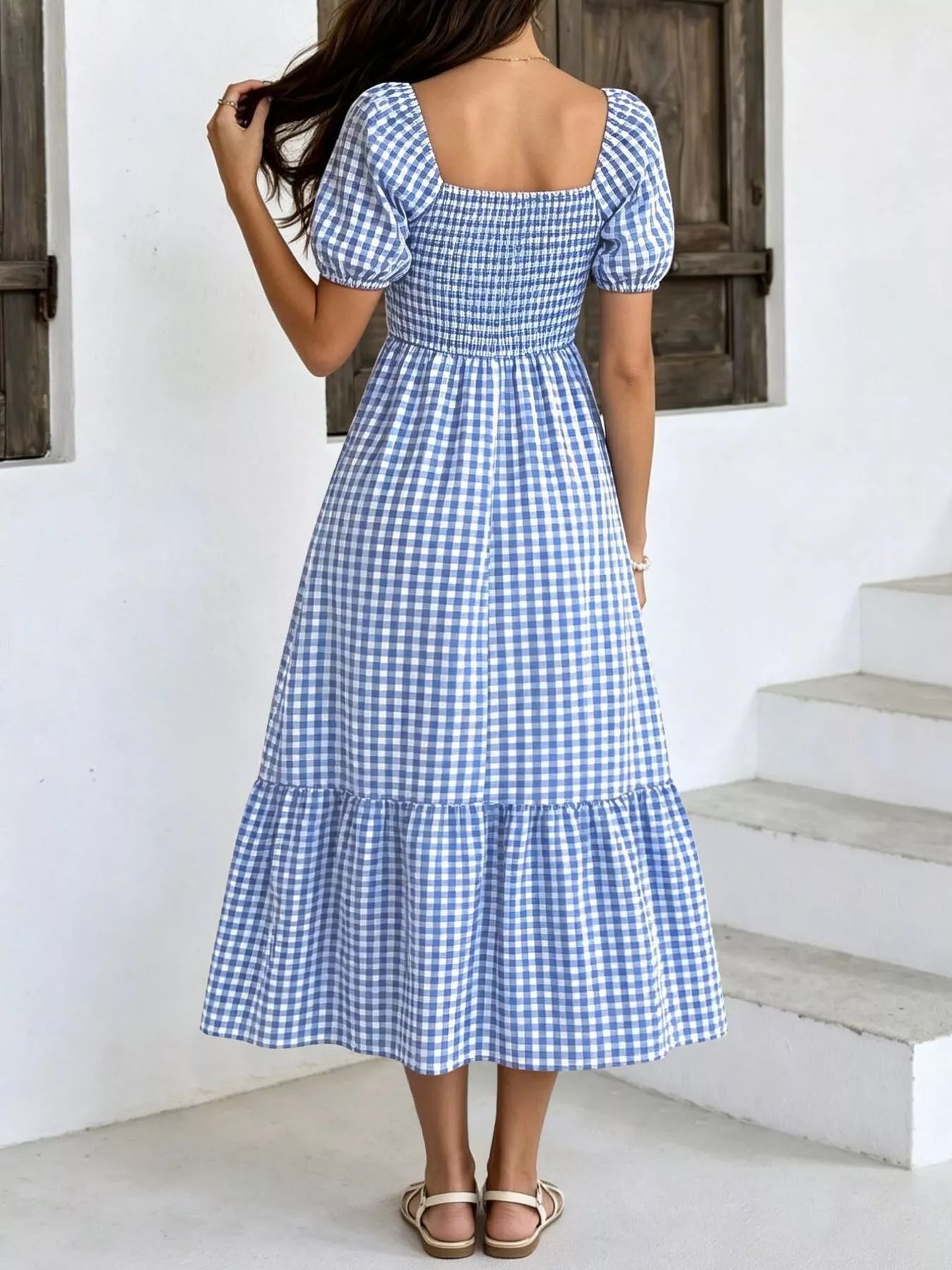 Trendsi Gingham Smocked Puff Sleeve Midi Dress -