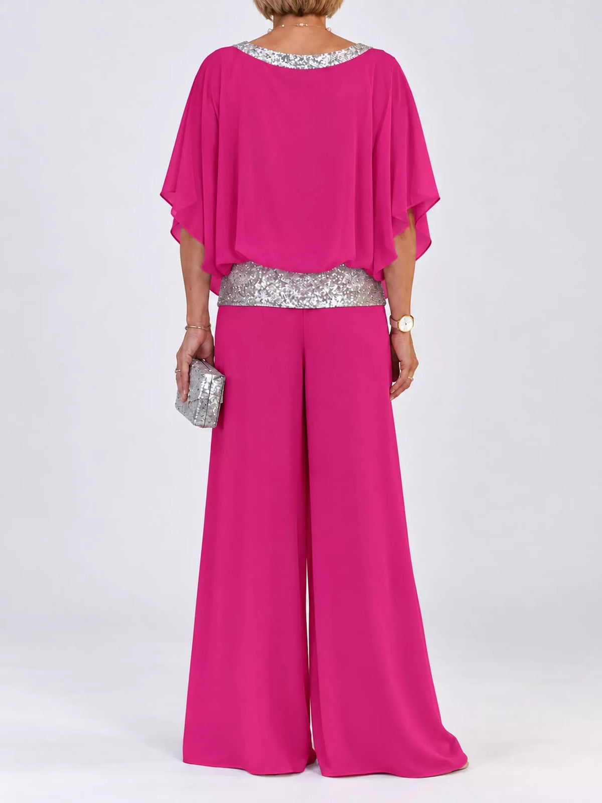 Chiffon Top and Wide-Leg Pants Set — back view