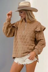 Trendsi Double Take Ruffled Texture Half Zip Long Sleeve Sweatshirt - Shirts