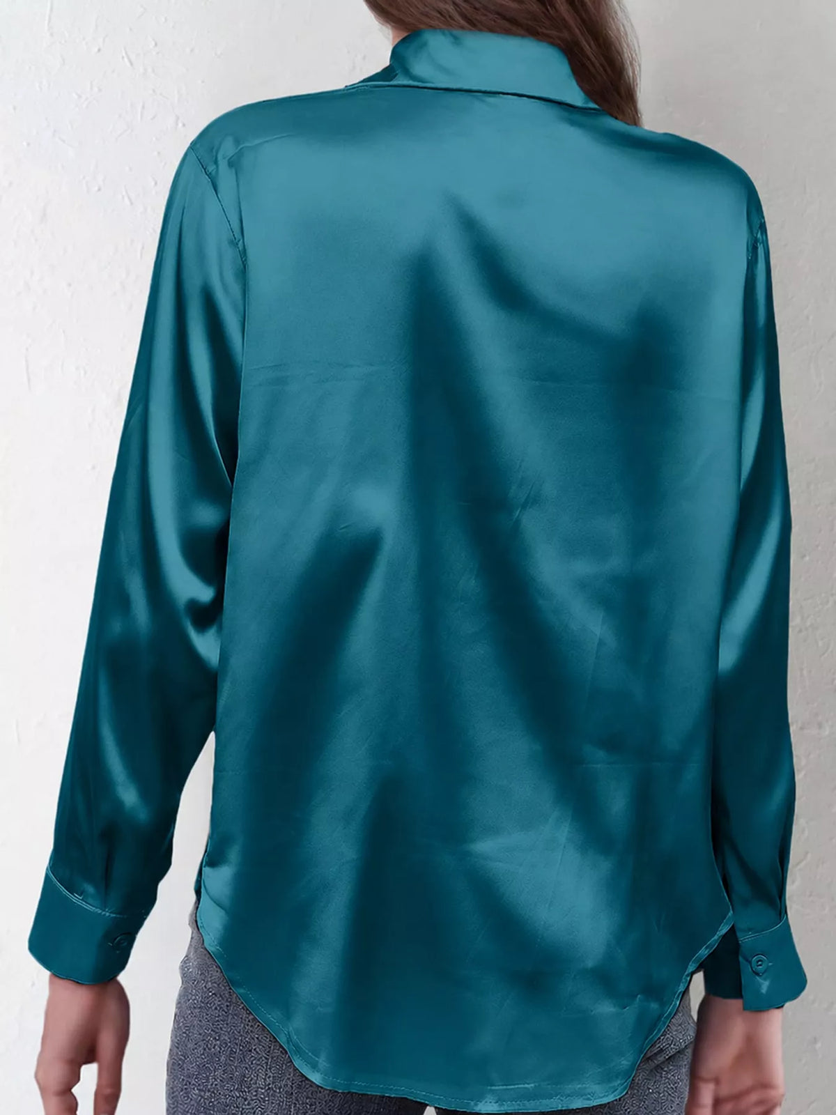 Peacock Green satin button-down long sleeve shirt, back view