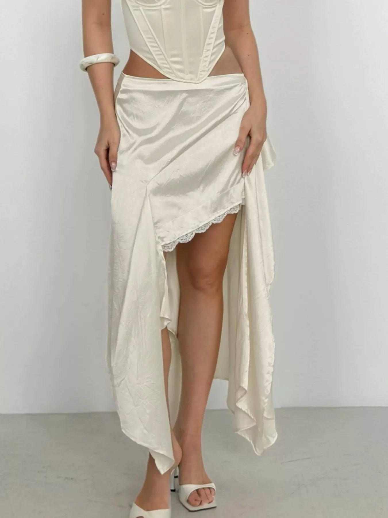 Trendsi Satin High-Low Lace Trim Skirt -
