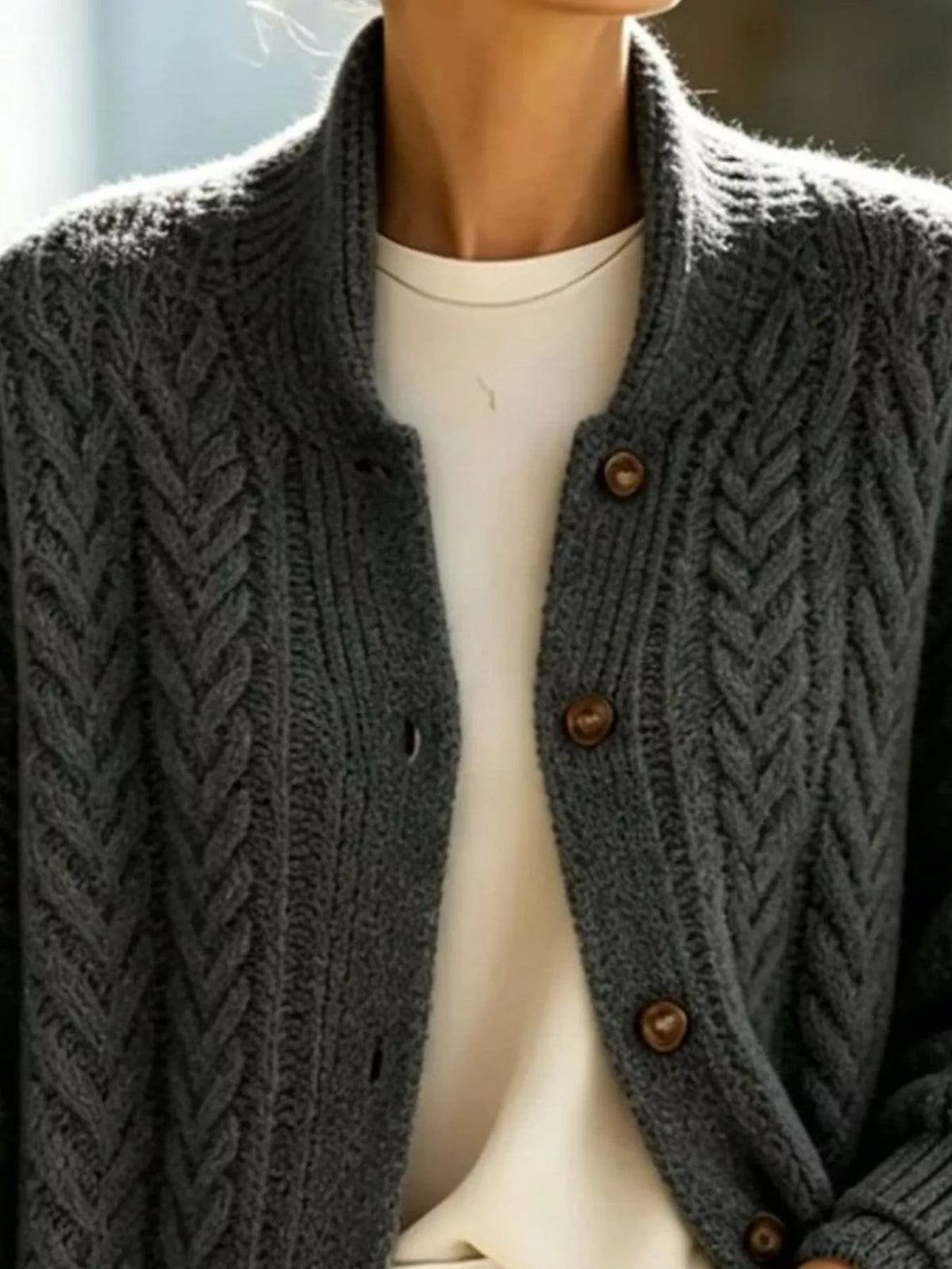 Round neck long sleeve cardigan, construction and design details