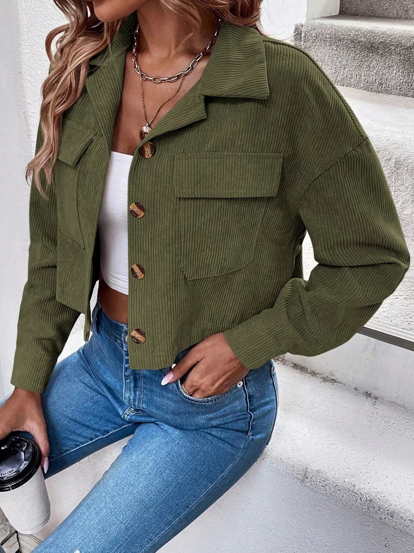 Trendsi Cropped Corduroy Button-Down Jacket -