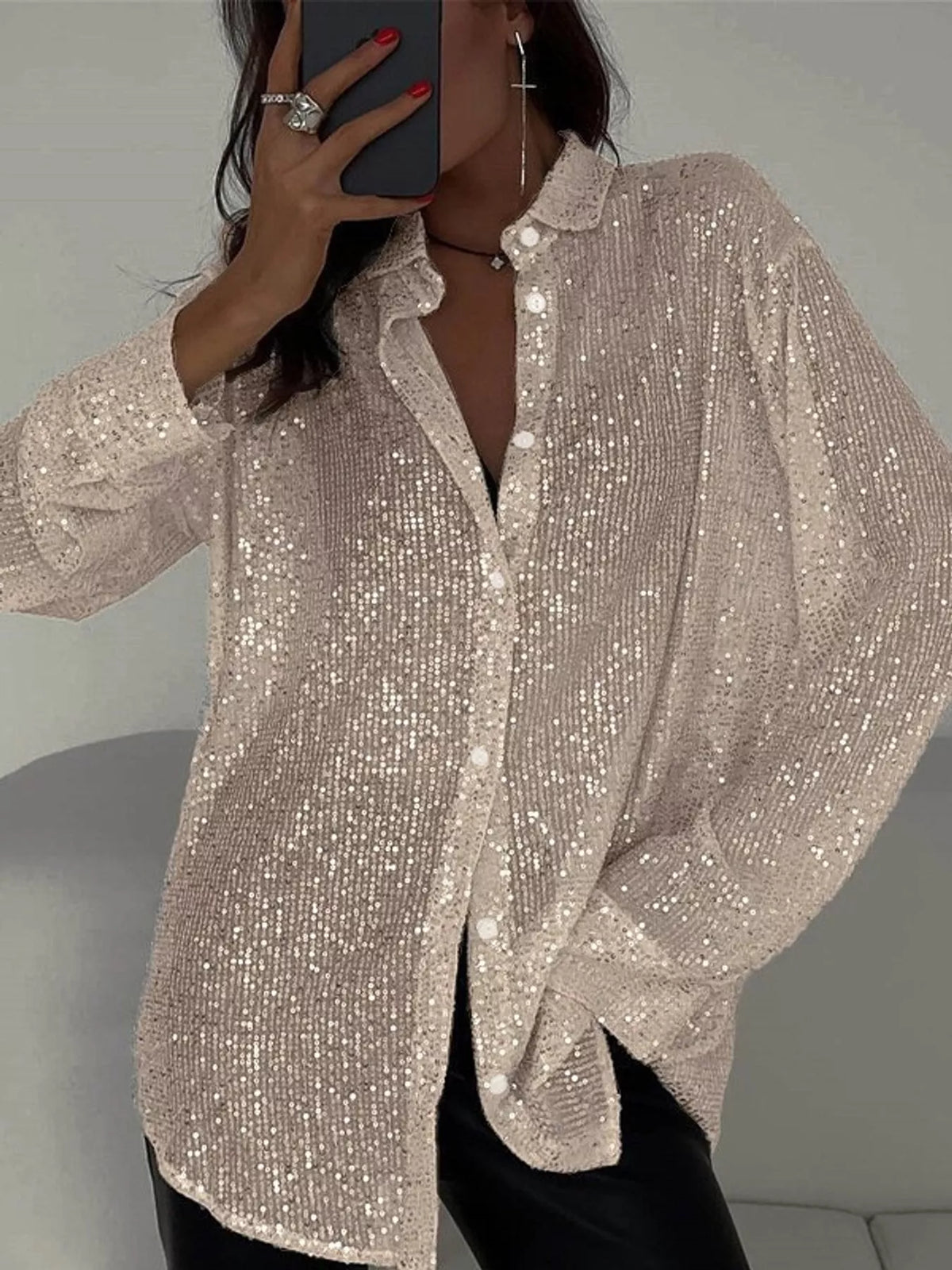 Apricot Silver sequin button up long sleeve shirt