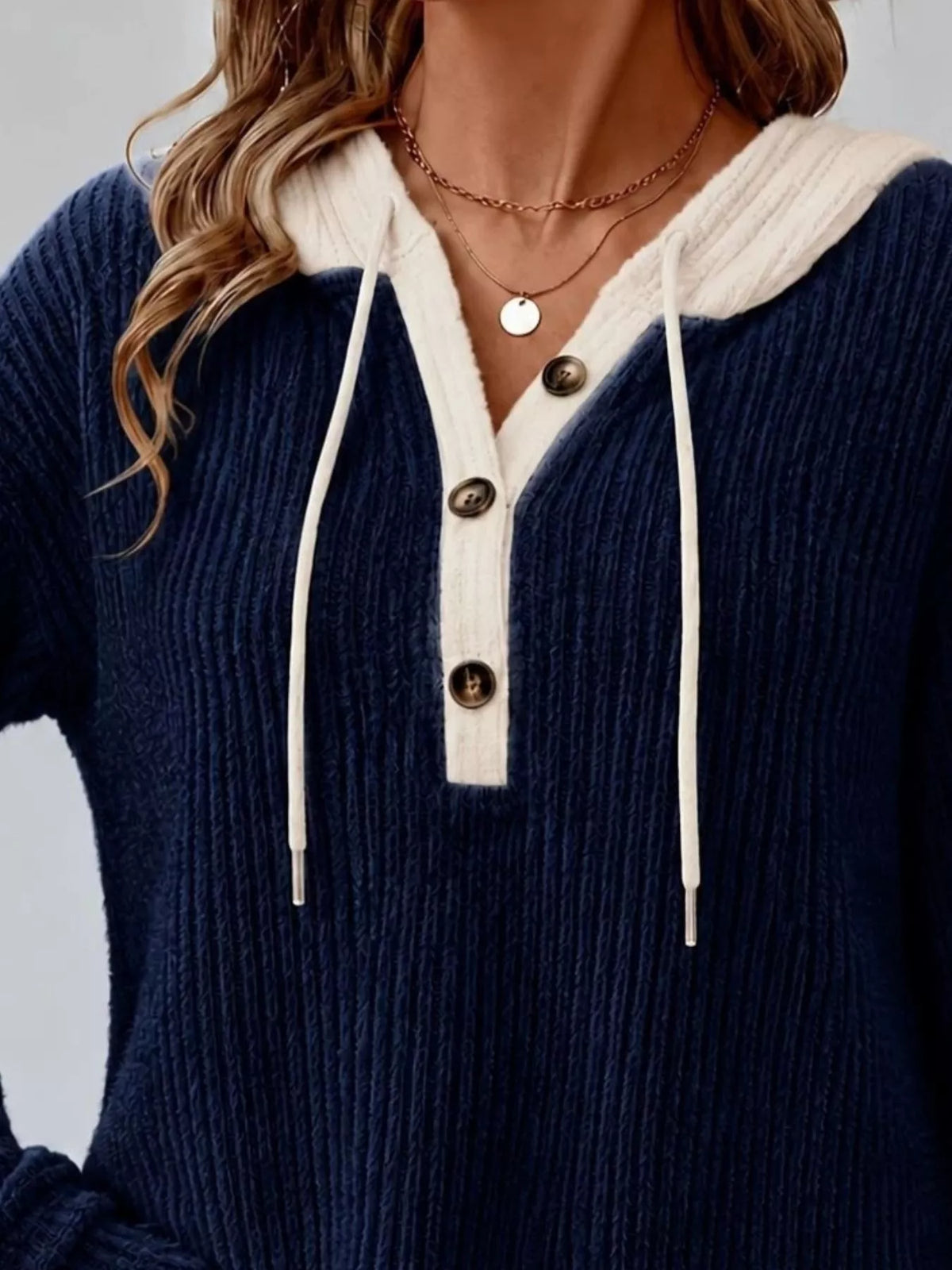 Trendsi Full Size Drawstring Button Detail Hooded Sweater Plus Size -
