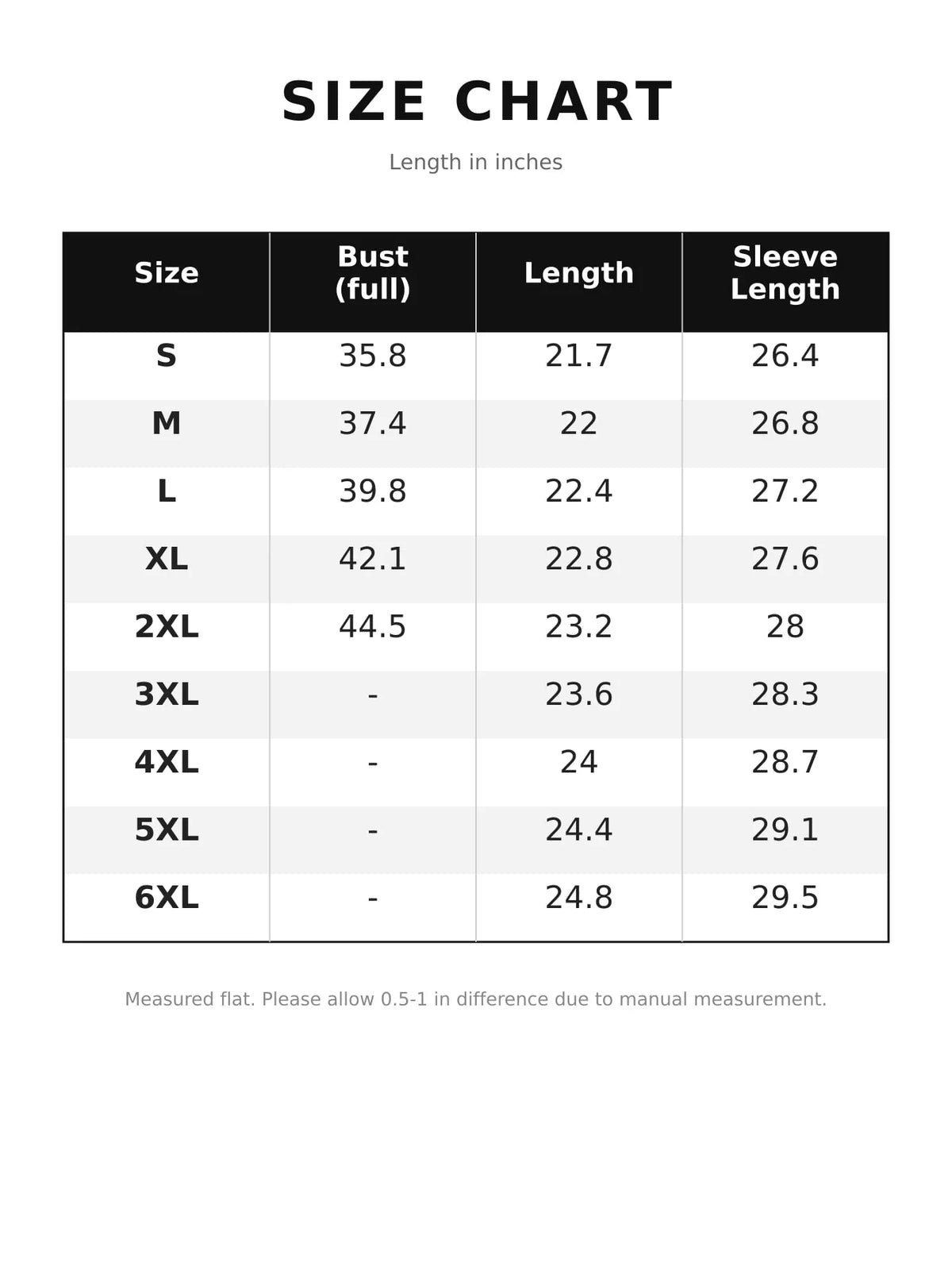 Size chart for ribbed knit zip-up lantern sleeve cardigan