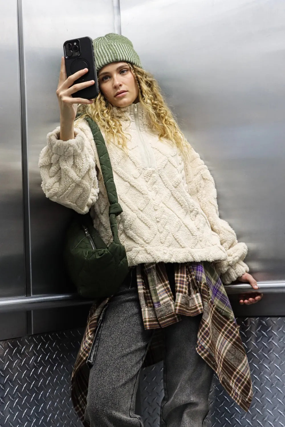 Women's Fuzzy Fleece Half-Zip Cable-Knit Sweatshirt — product view 1