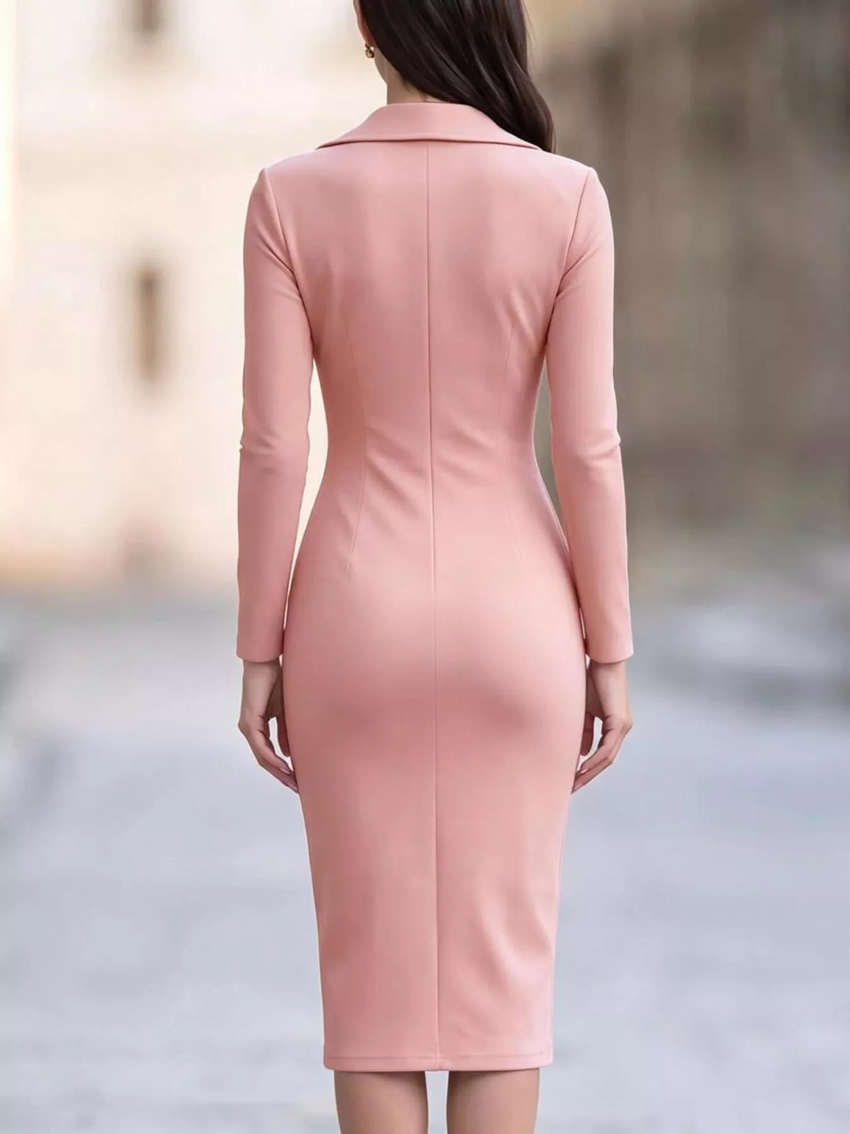 Asymmetric zipper lapel midi dress in pink, back view