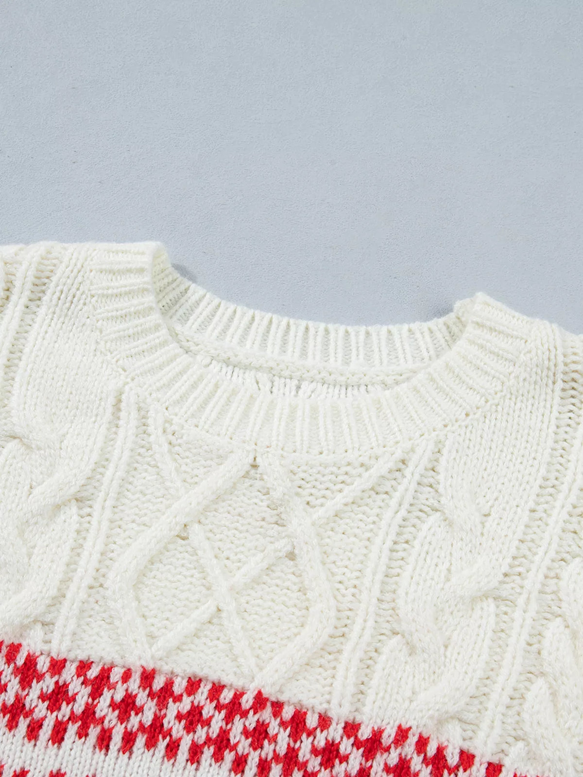 Reindeer Cable Knit Christmas Sweater in cream, construction detail