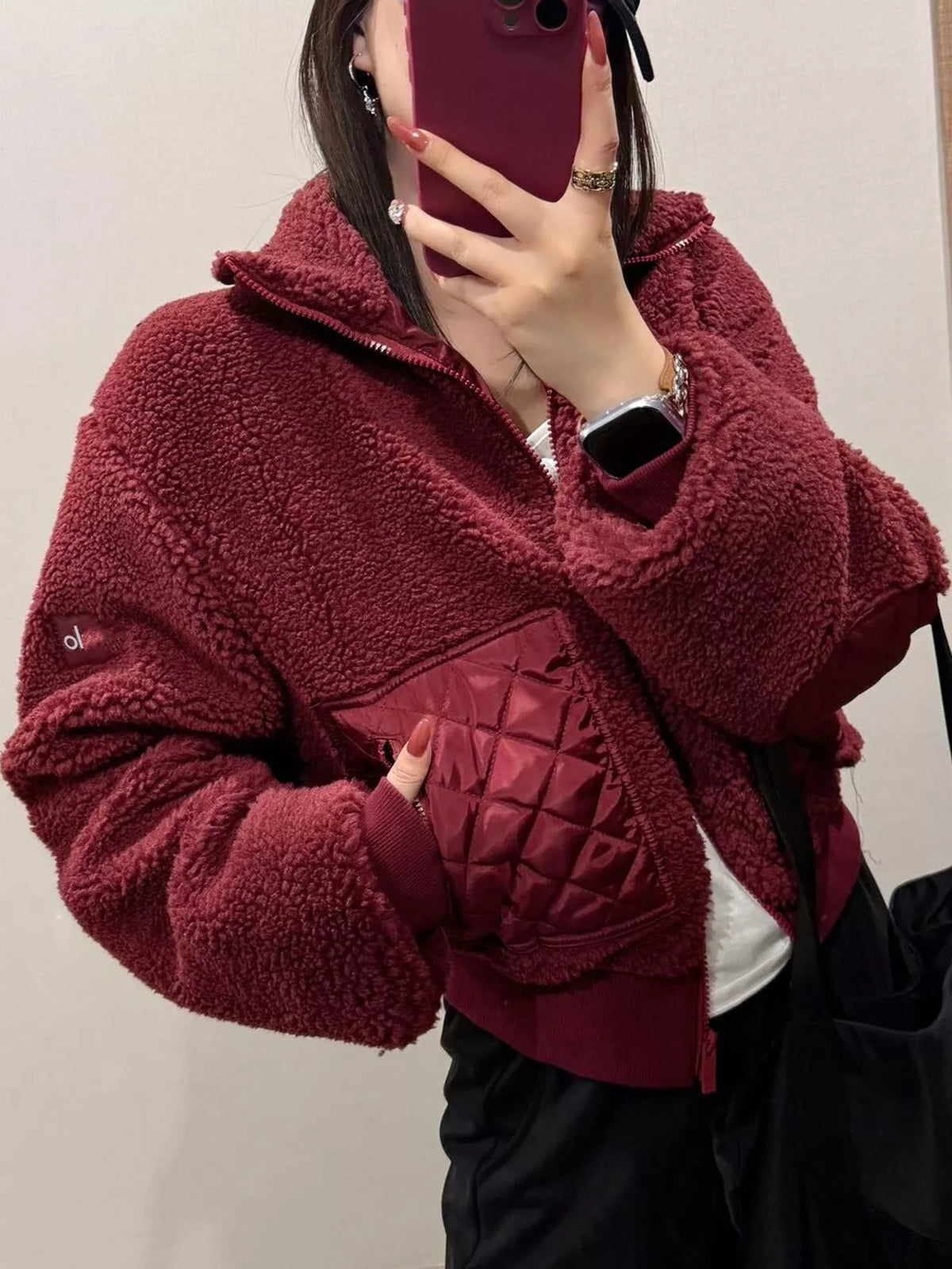 Vintage Red sherpa quilted zip up jacket