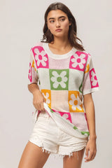 Trendsi BiBi Flower Checker Pattern Lightweight Sweater Top -