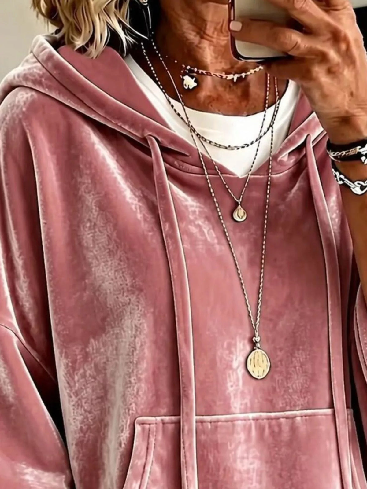Pink velvet kangaroo pocket drawstring hoodie