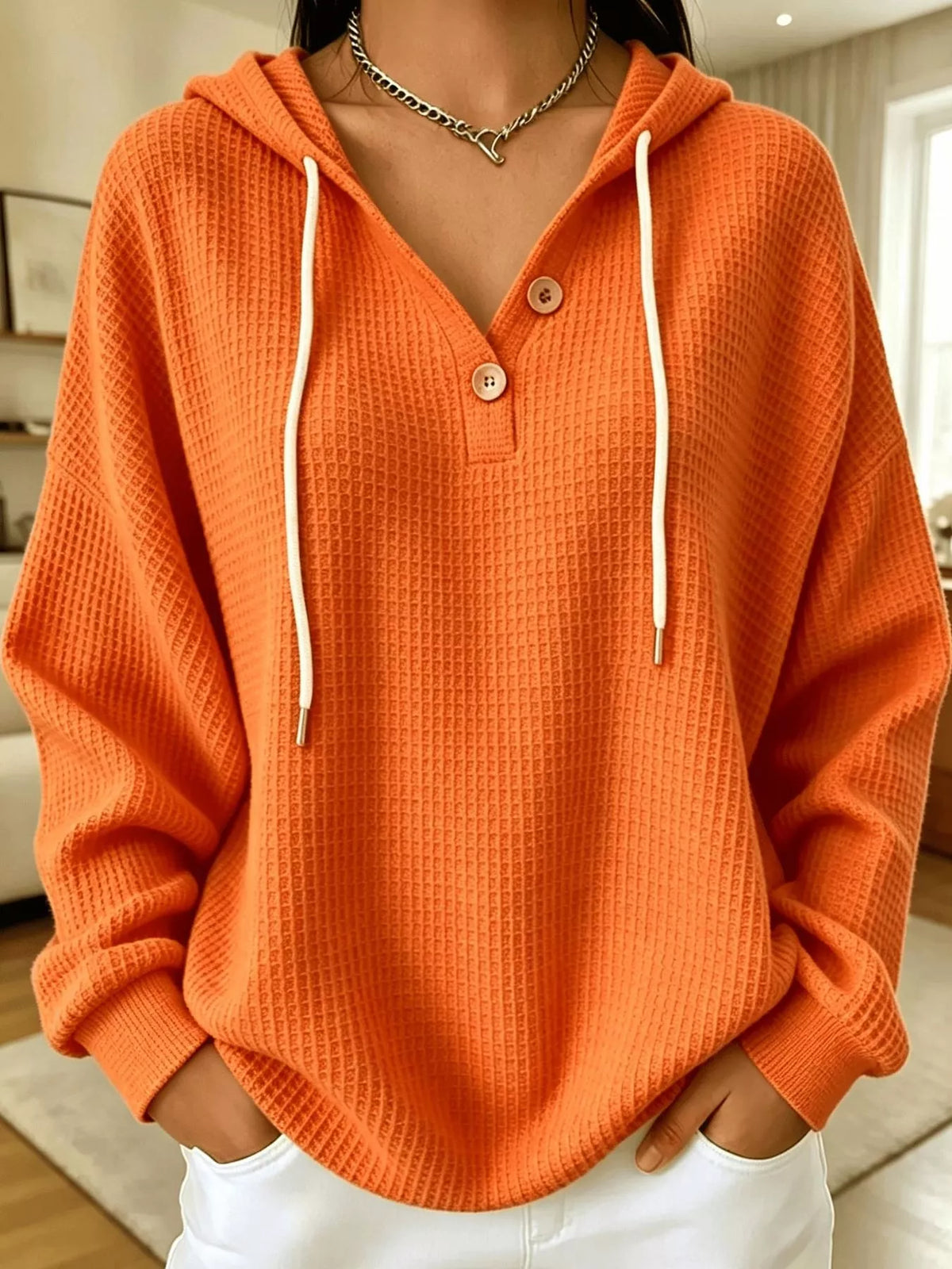 Waffle-knit hoodie, orange front
