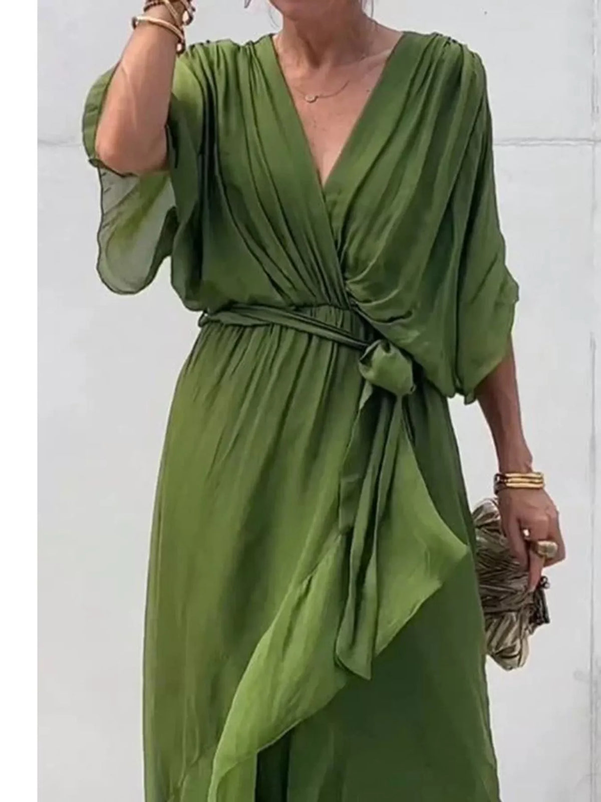 Green batwing sleeve wrap dress with waist tie, front view