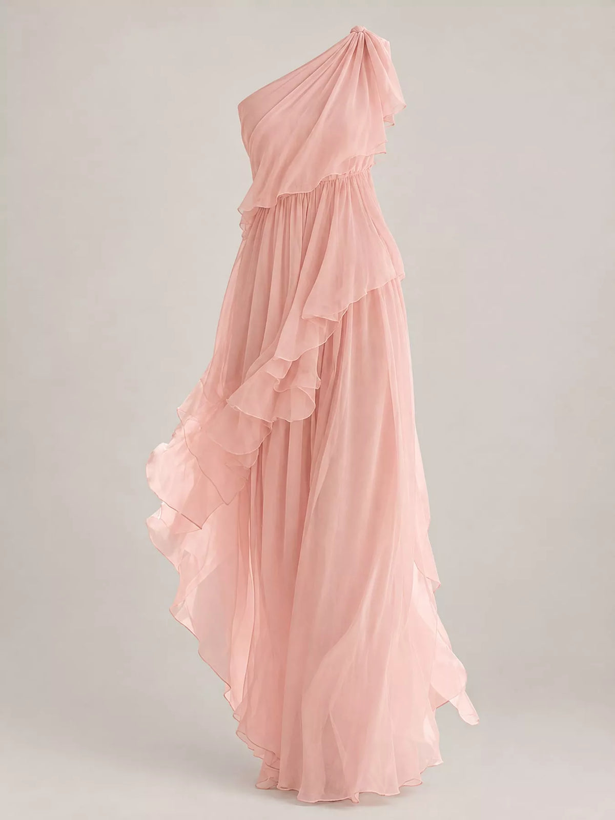 Women's One-Shoulder Ruffled Chiffon Maxi Dress in pink — flat lay view