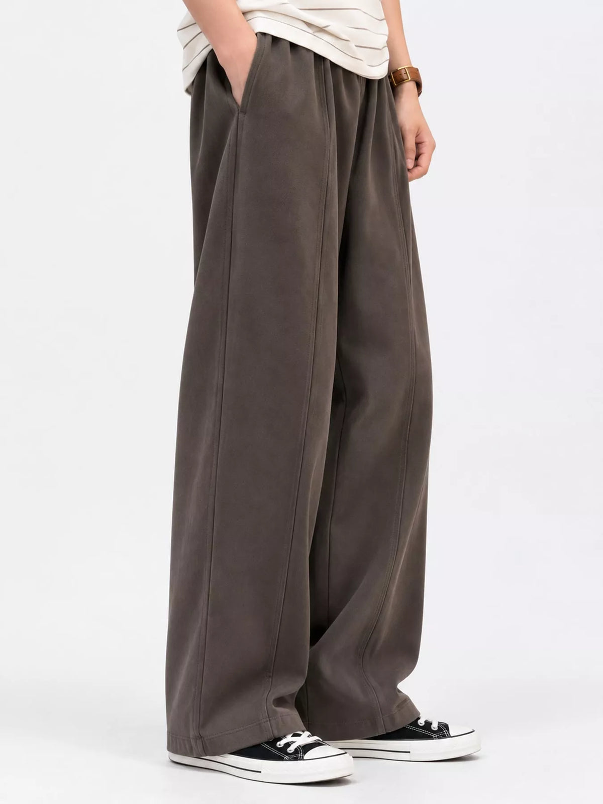 Brown wide leg casual pants, side view