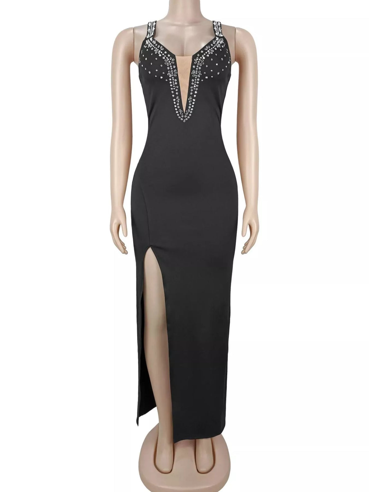 Trendsi Rhinestone Cutout Back High Slit Maxi Dress -