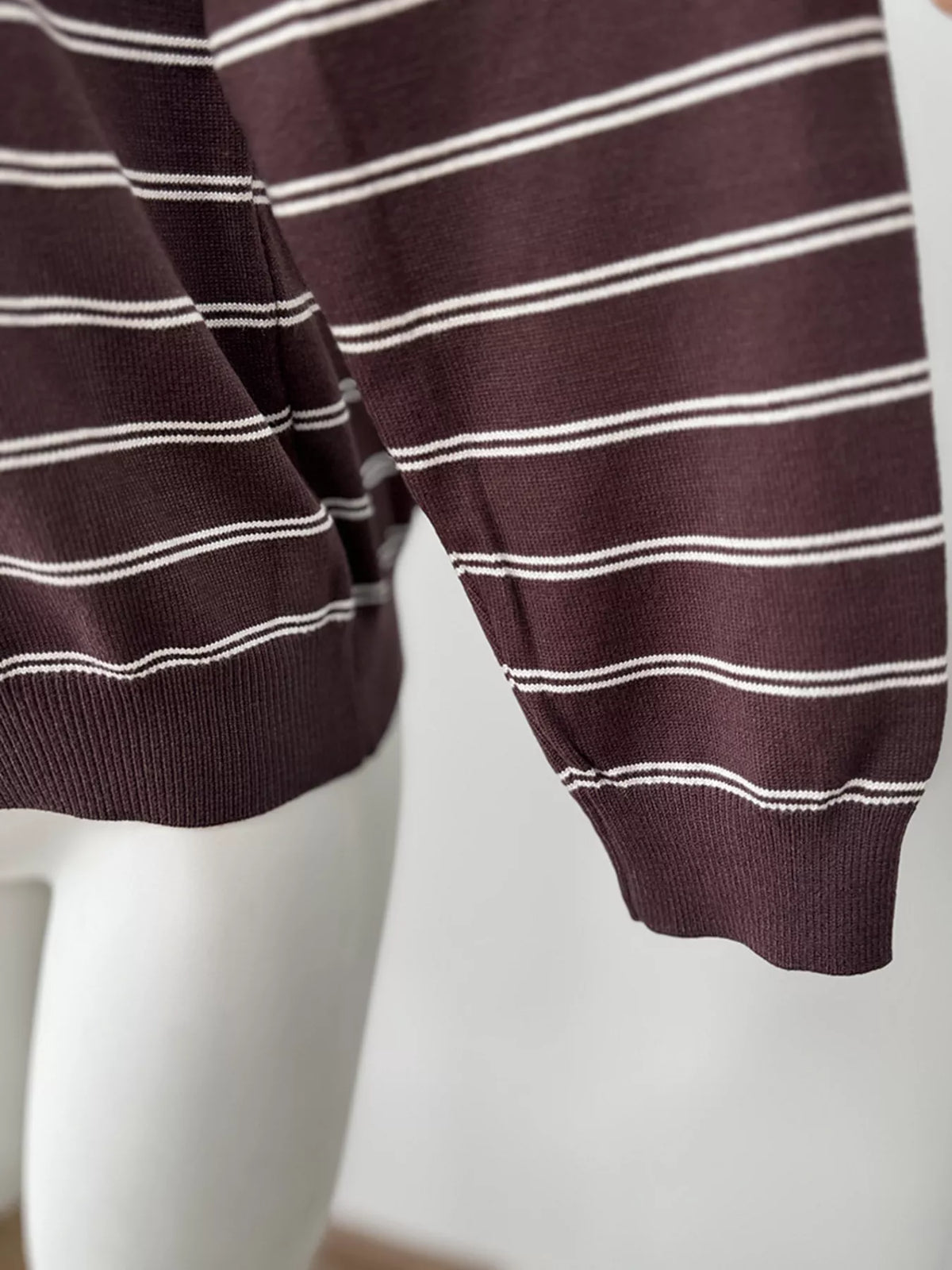 Striped crewneck sweater with layered tie detail in brown, hem close-up
