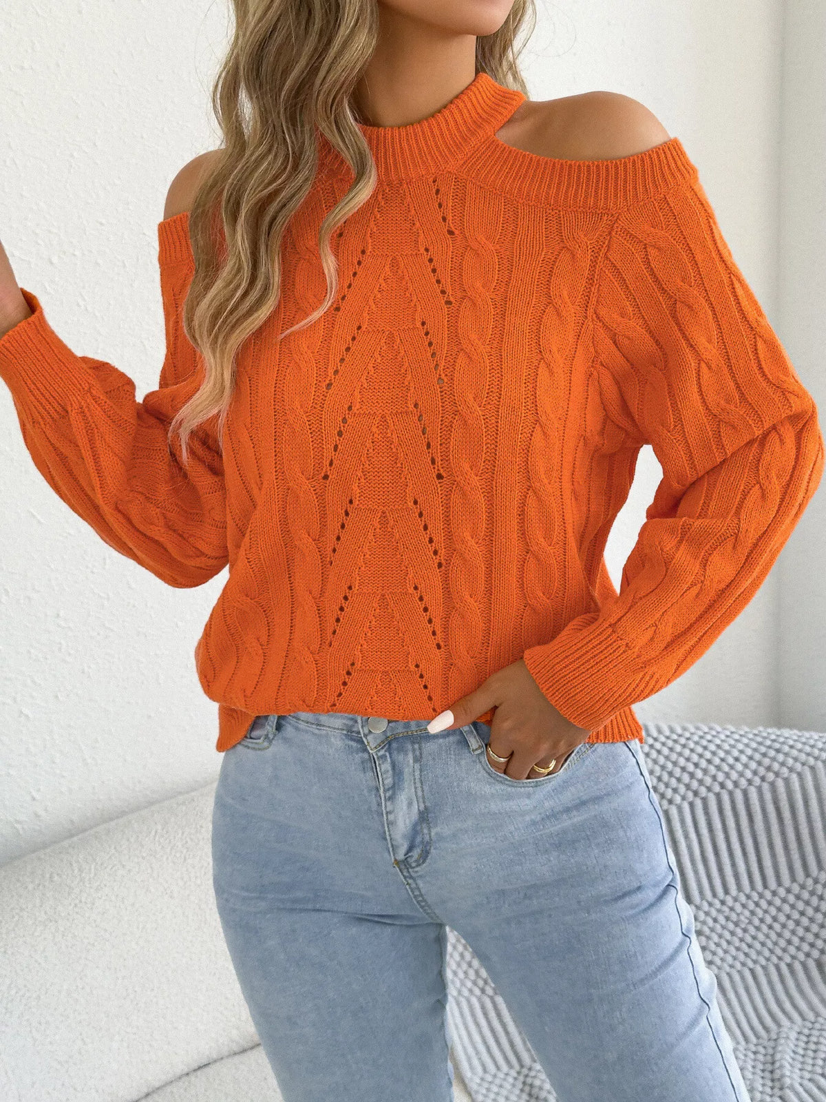 Cold Shoulder Cable Knit Sweater in orange, front view