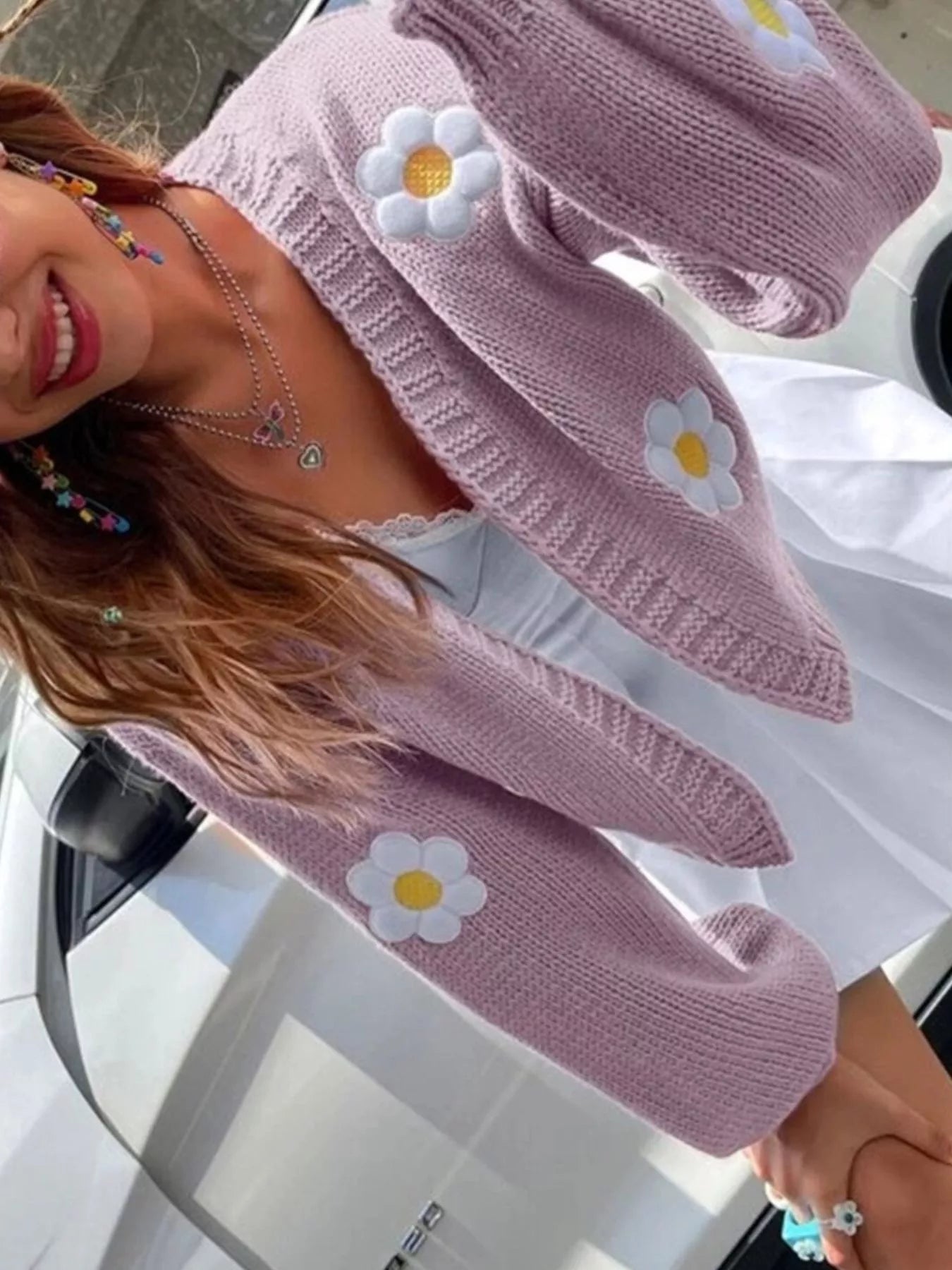 Trendsi Floral Open Front Knit Cardigan -