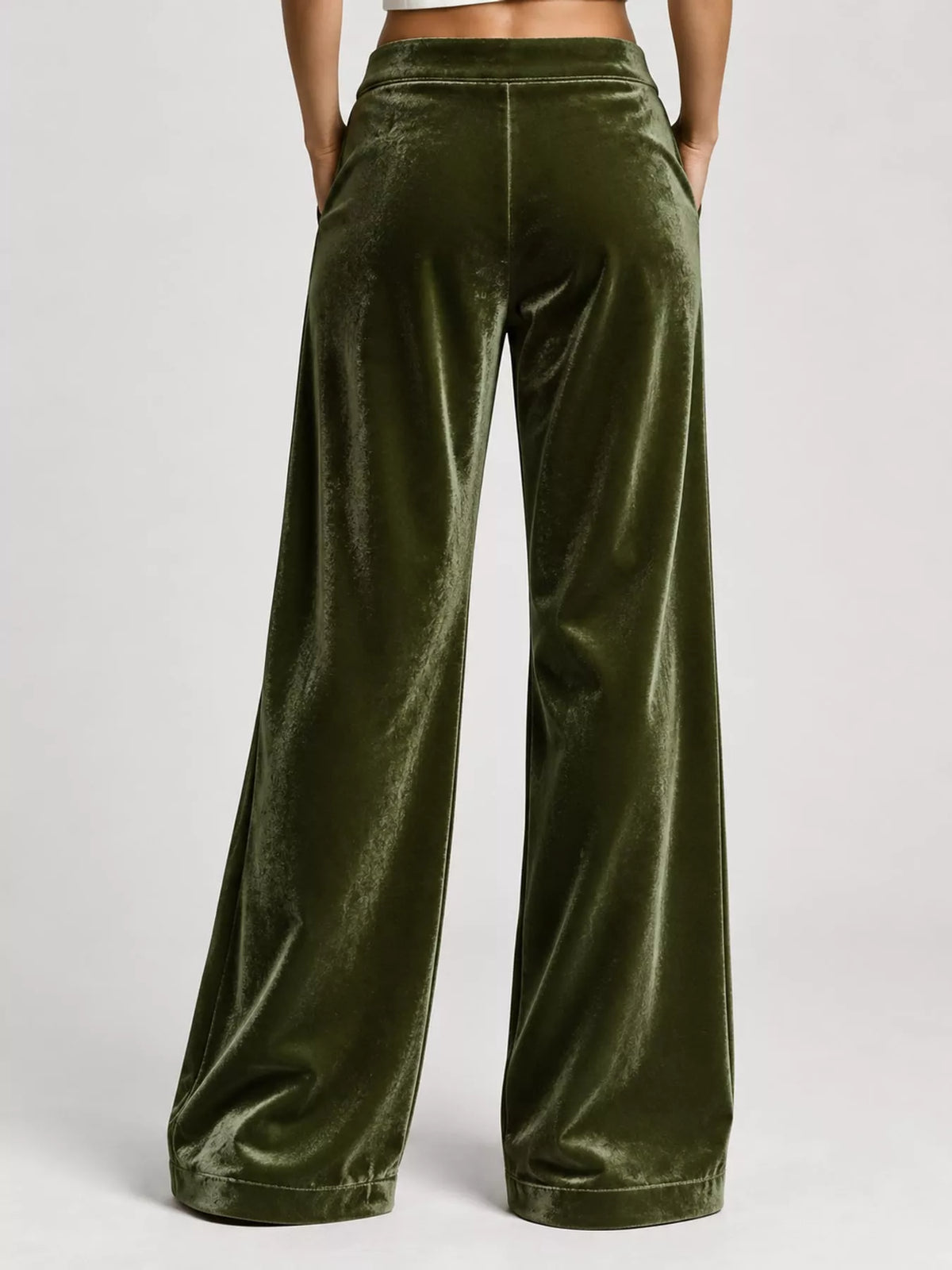 Army Green high-waisted wide-leg velvet pocket pants, back view