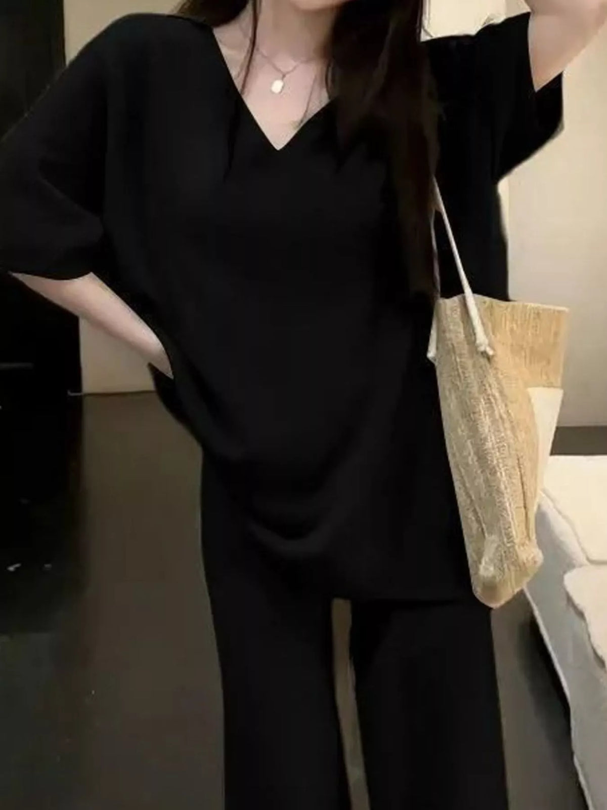 V-Neck Oversized T-Shirt and Wide-Leg Pants Set in black