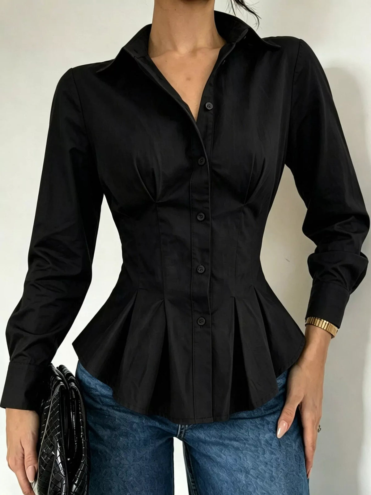 Button-Down Peplum Blouse with Fitted Waist, front view