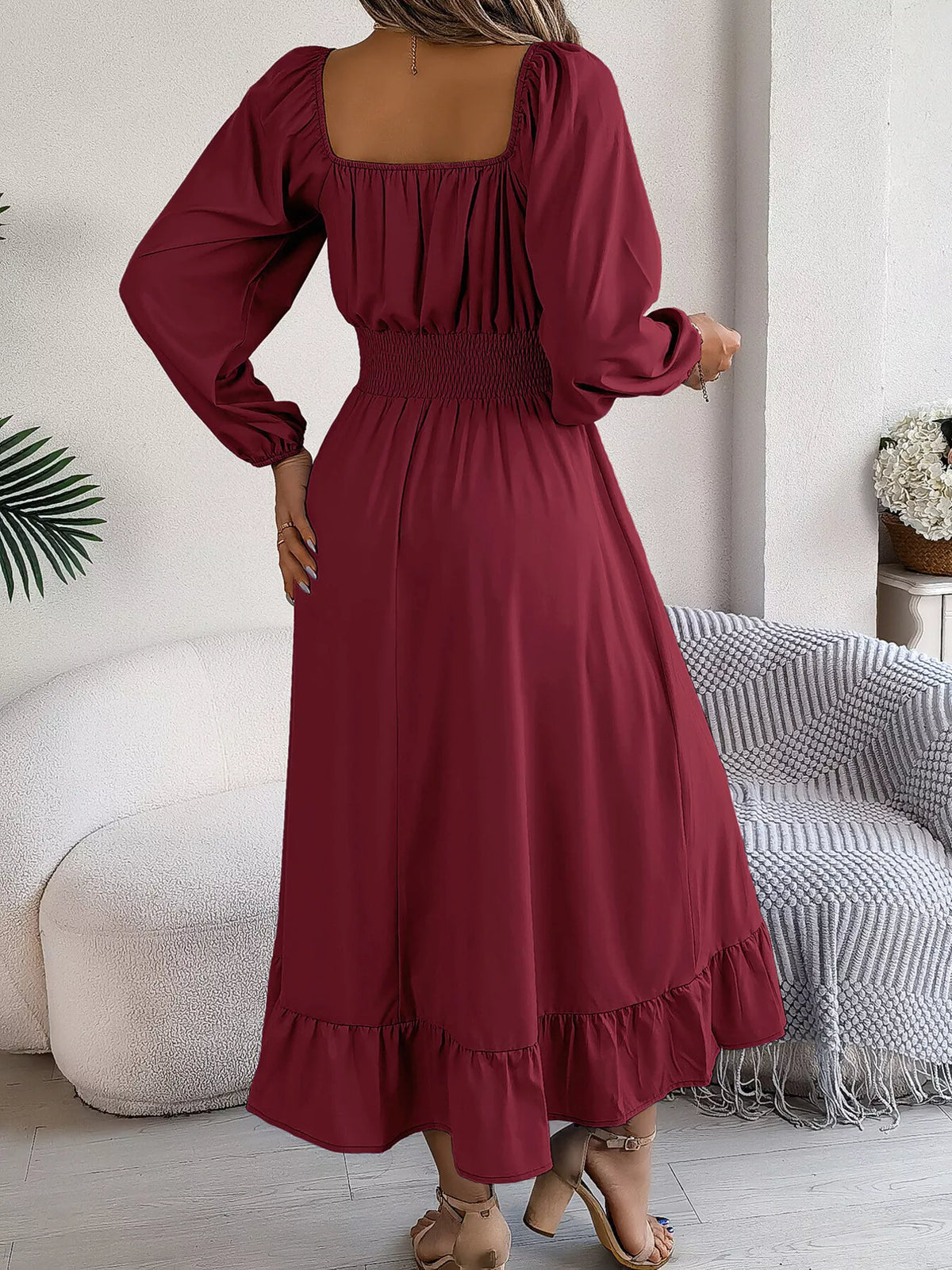 Wine Red square neck smocked waist long sleeve midi dress, back view